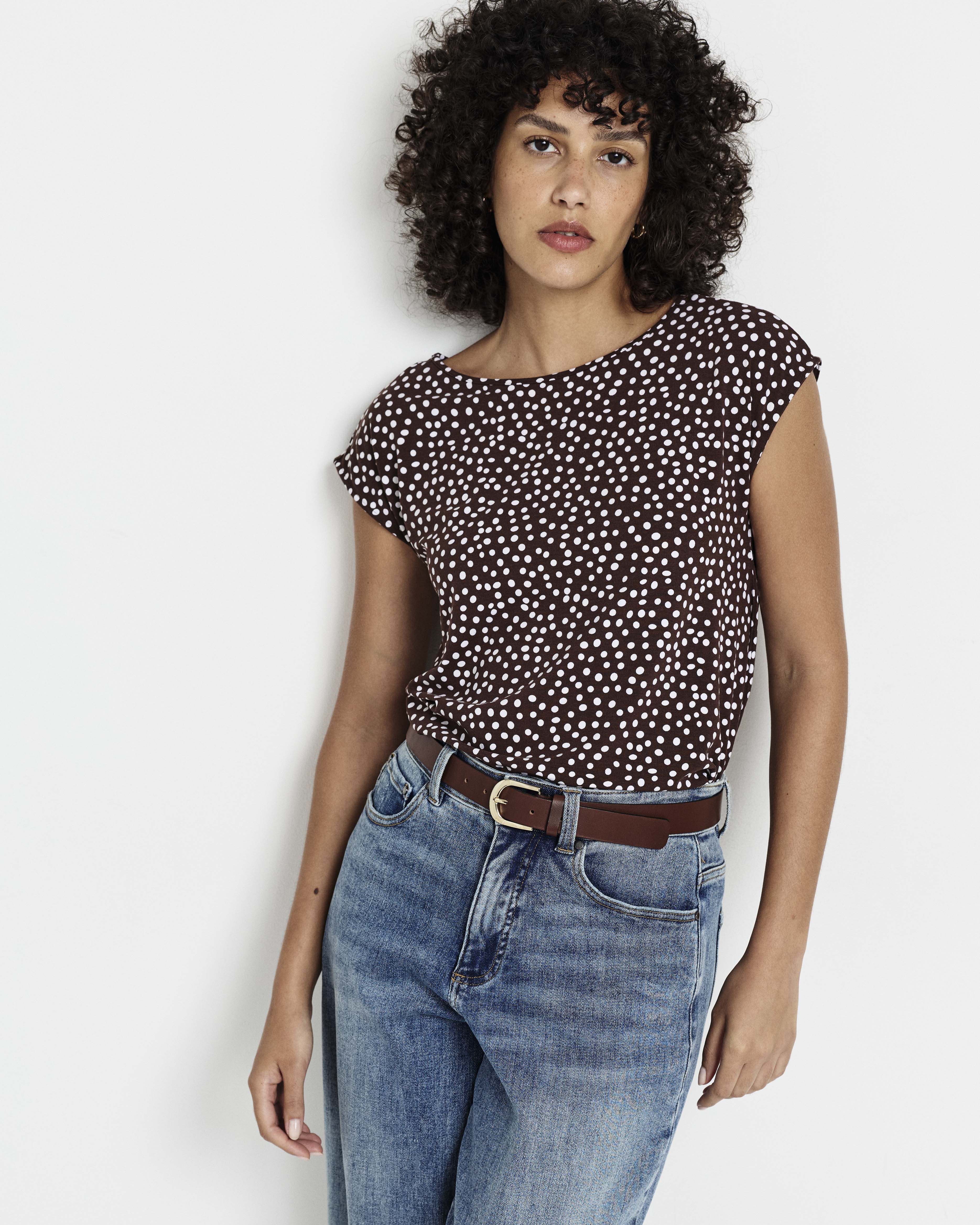 Heatwave Divine Jersey Flared Top - Brown/White Dot Print