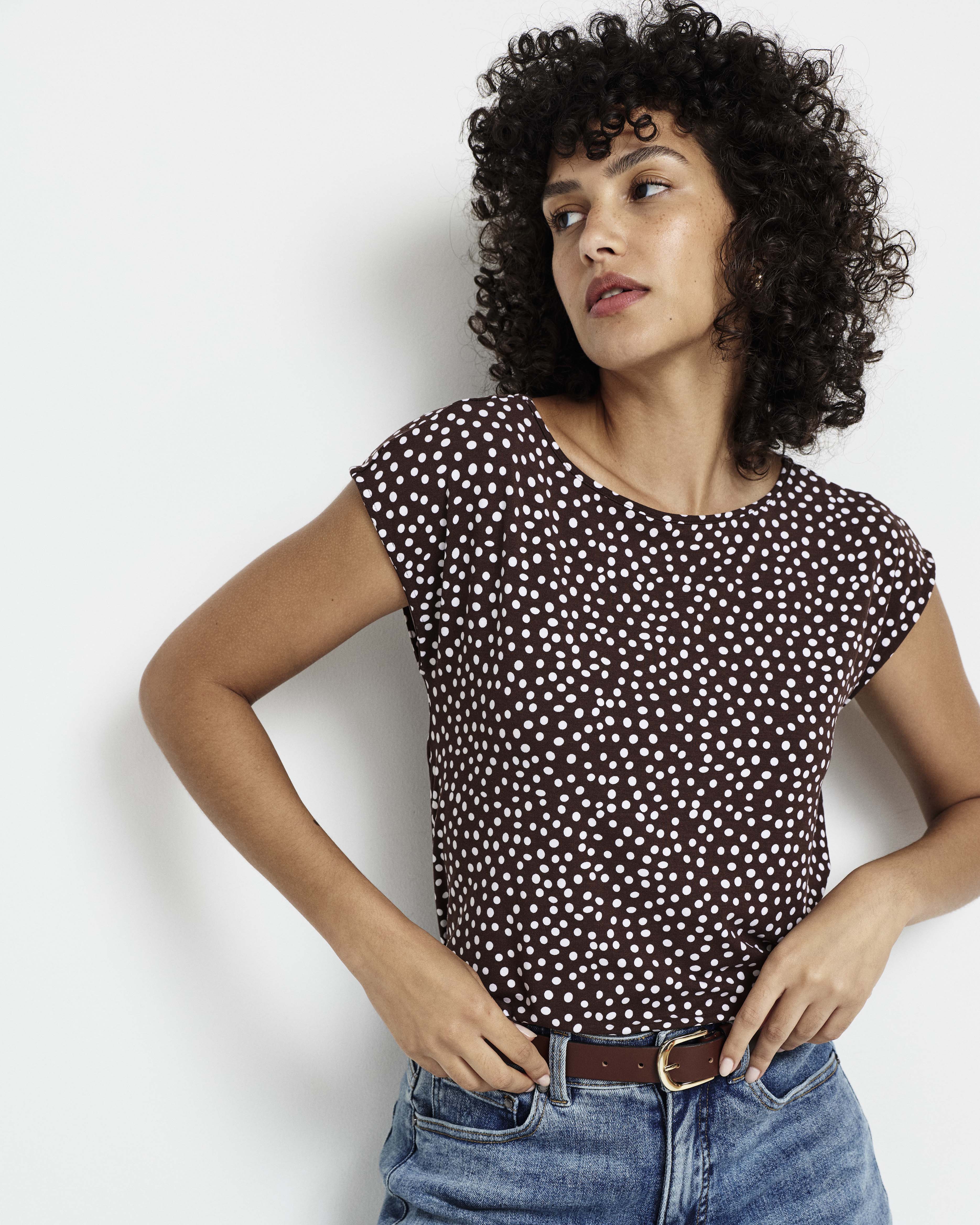Heatwave Divine Jersey Flared Top - Brown/White Dot Print