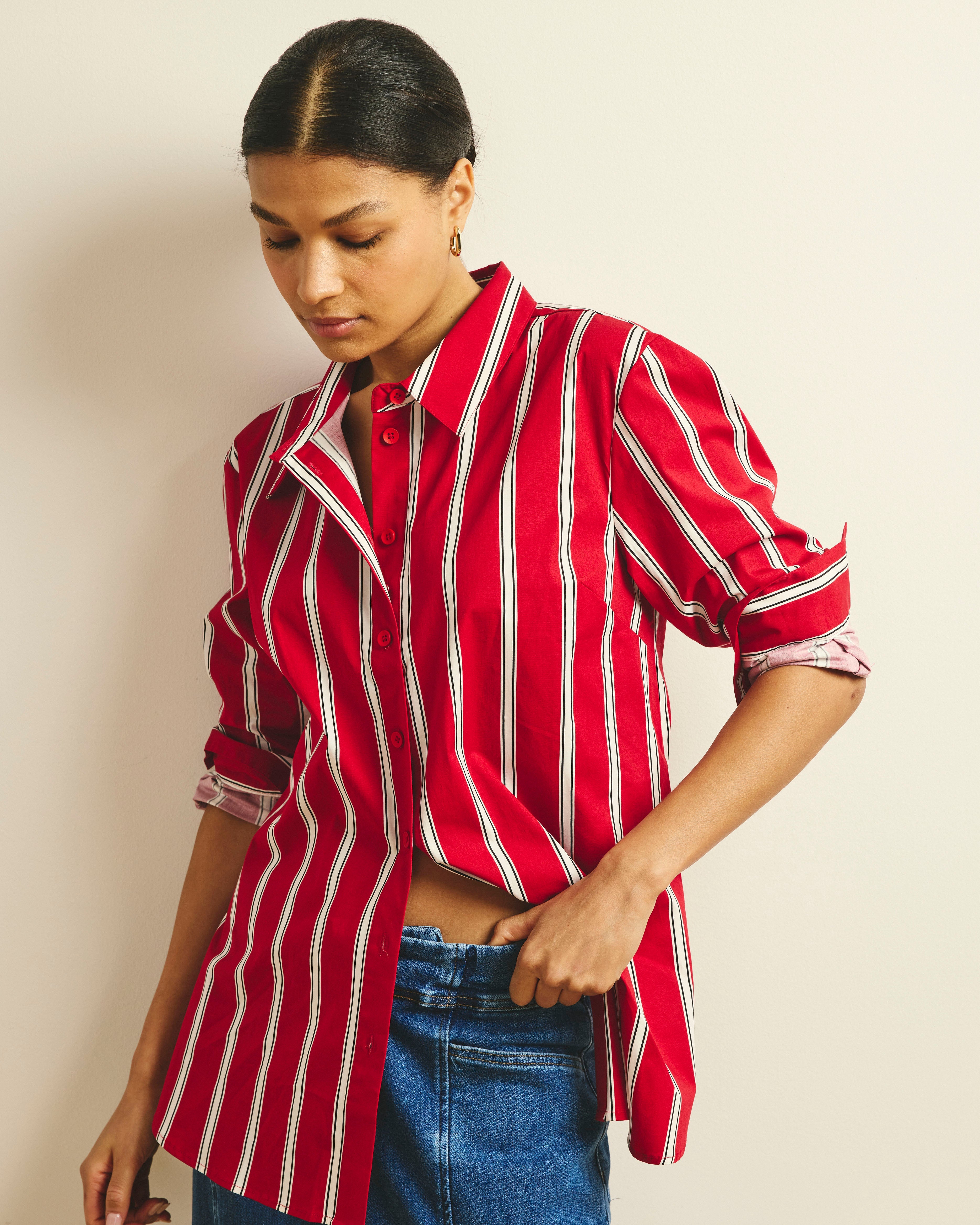 The Artist Oversized Poplin Shirt - Red/Black/White Stripe