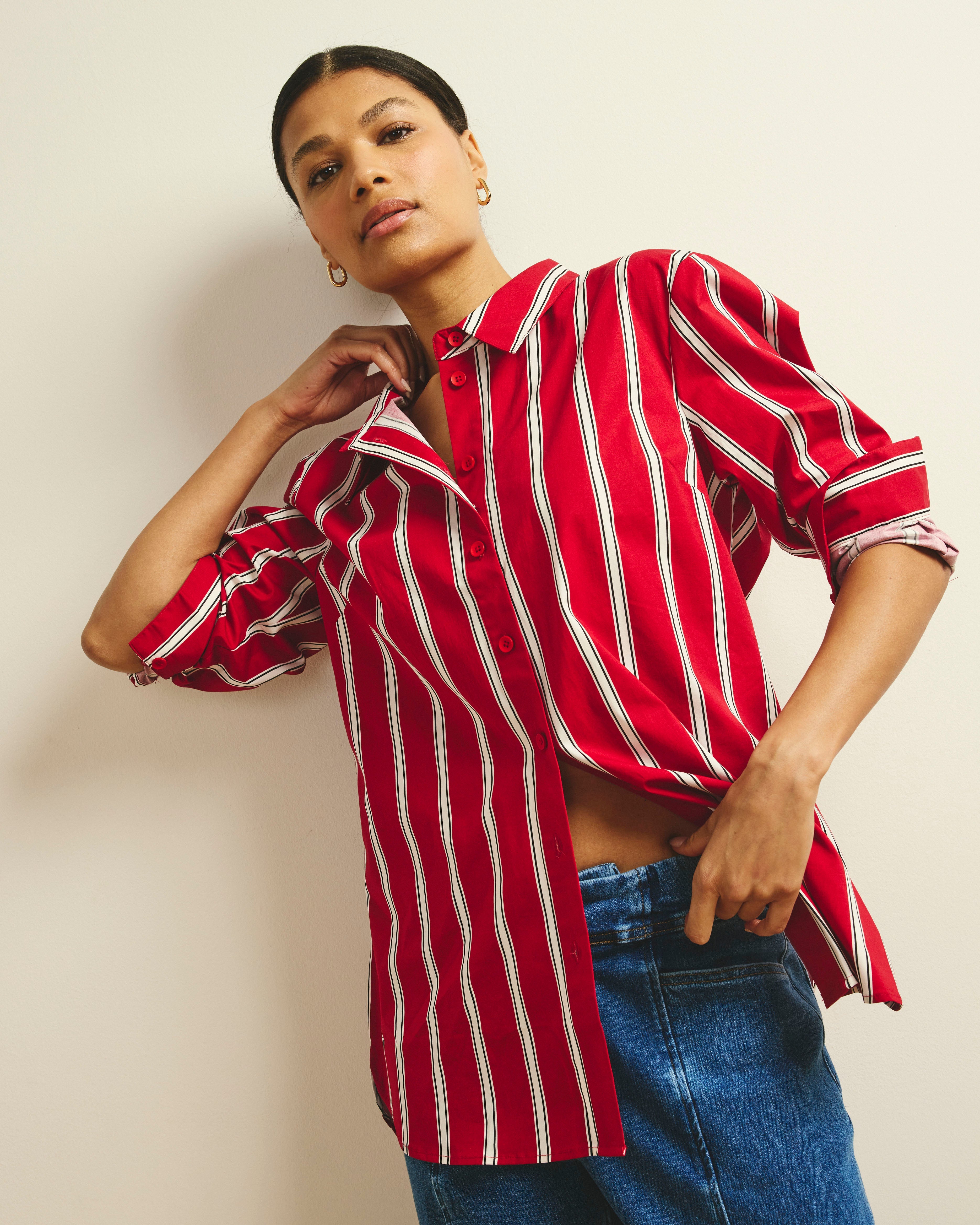 The Artist Oversized Poplin Shirt - Red/Black/White Stripe