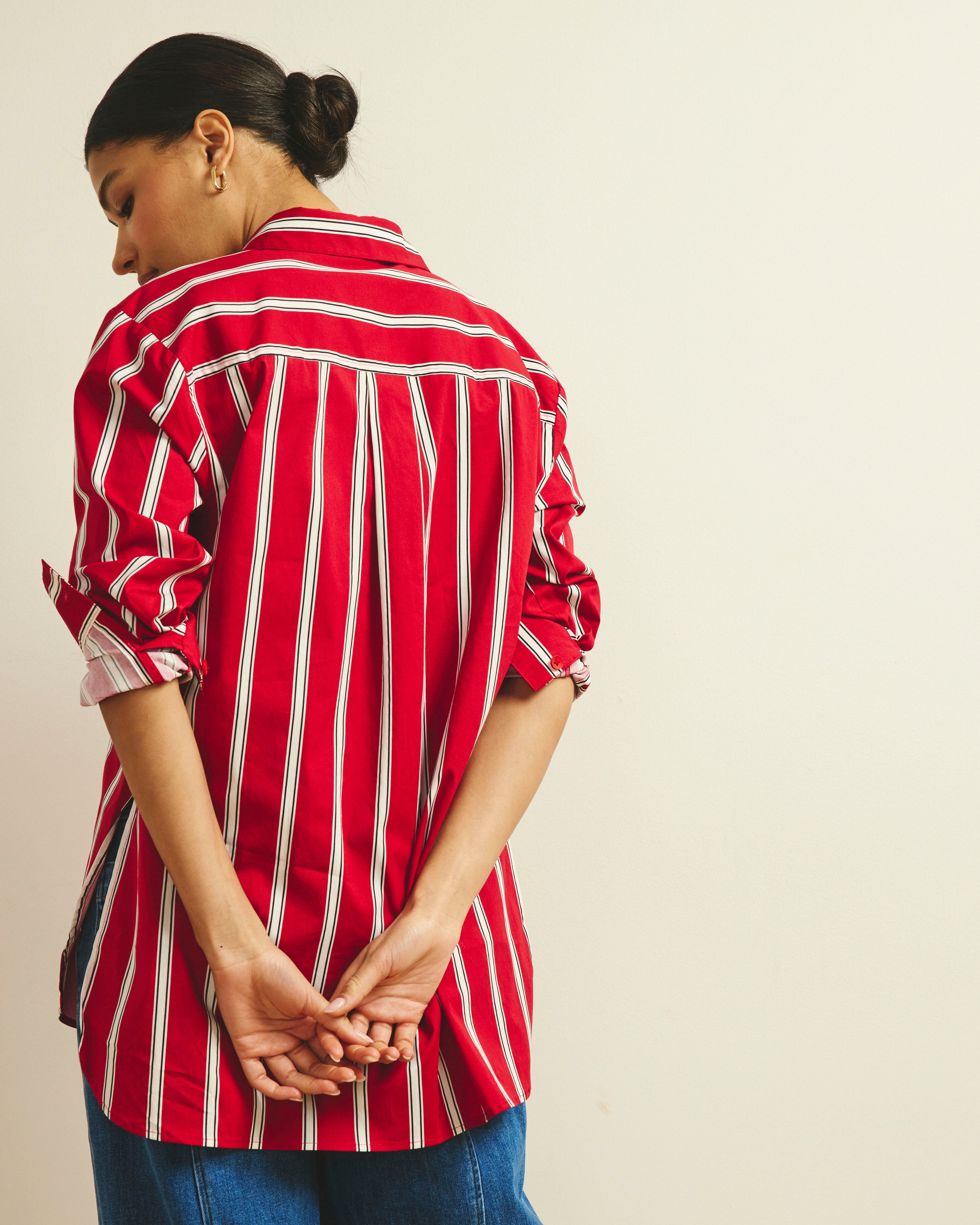 The Artist Oversized Poplin Shirt - Red/Black/White Stripe