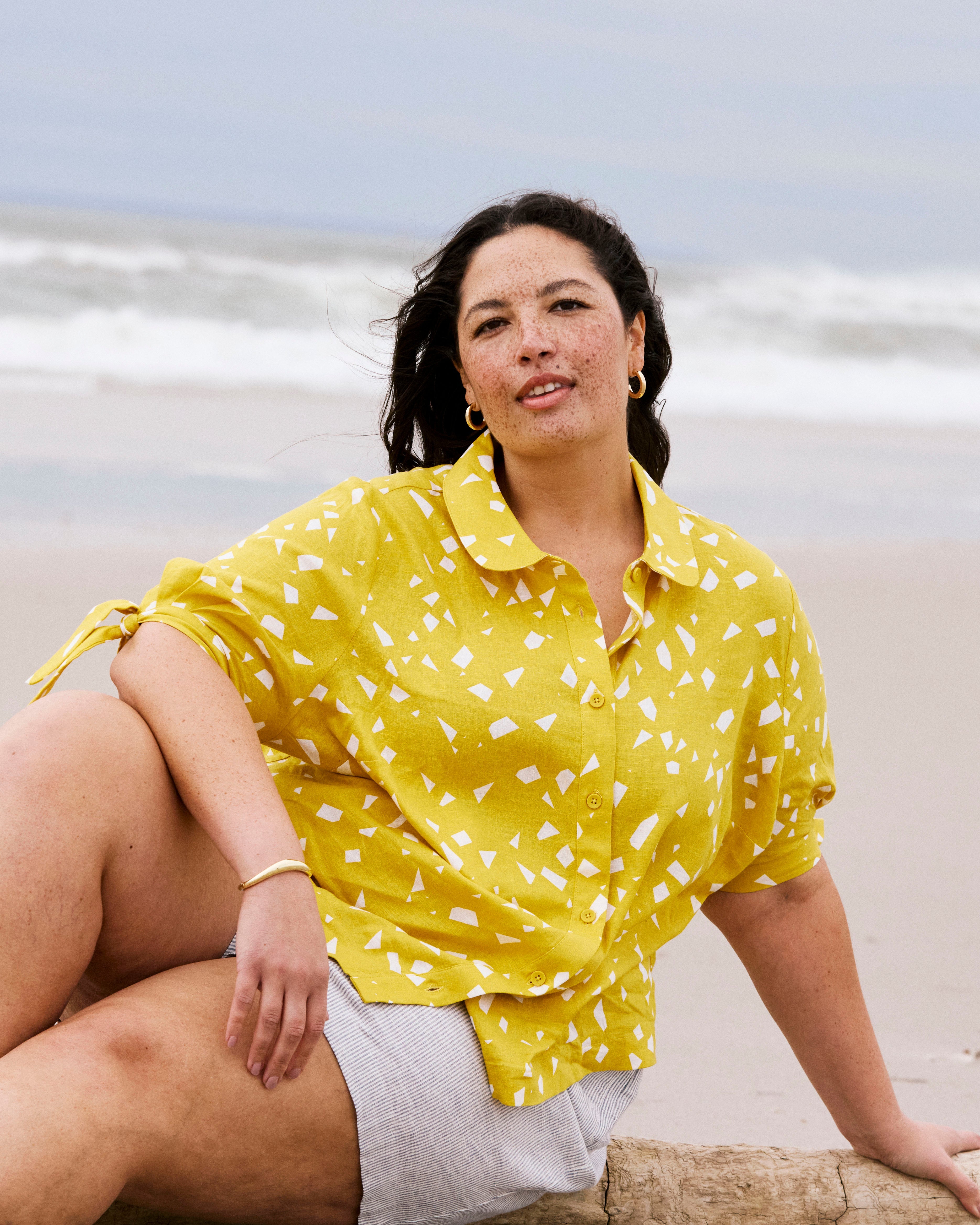 Luisa Short Sleeve Linen Blend Shirt - Yellow Confetti Print