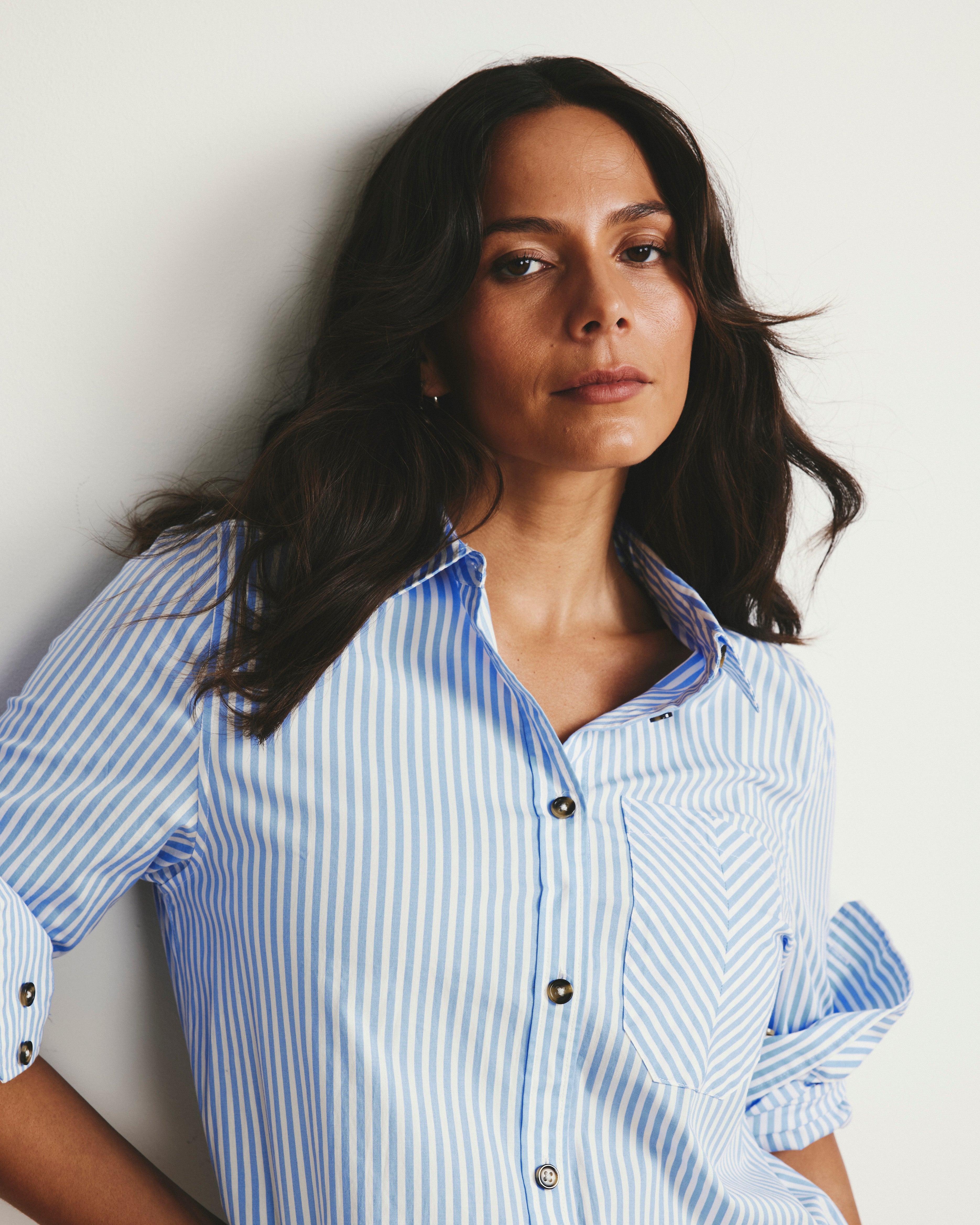 Odeon Stretch Poplin Shirtdress - Blue/White Stripe