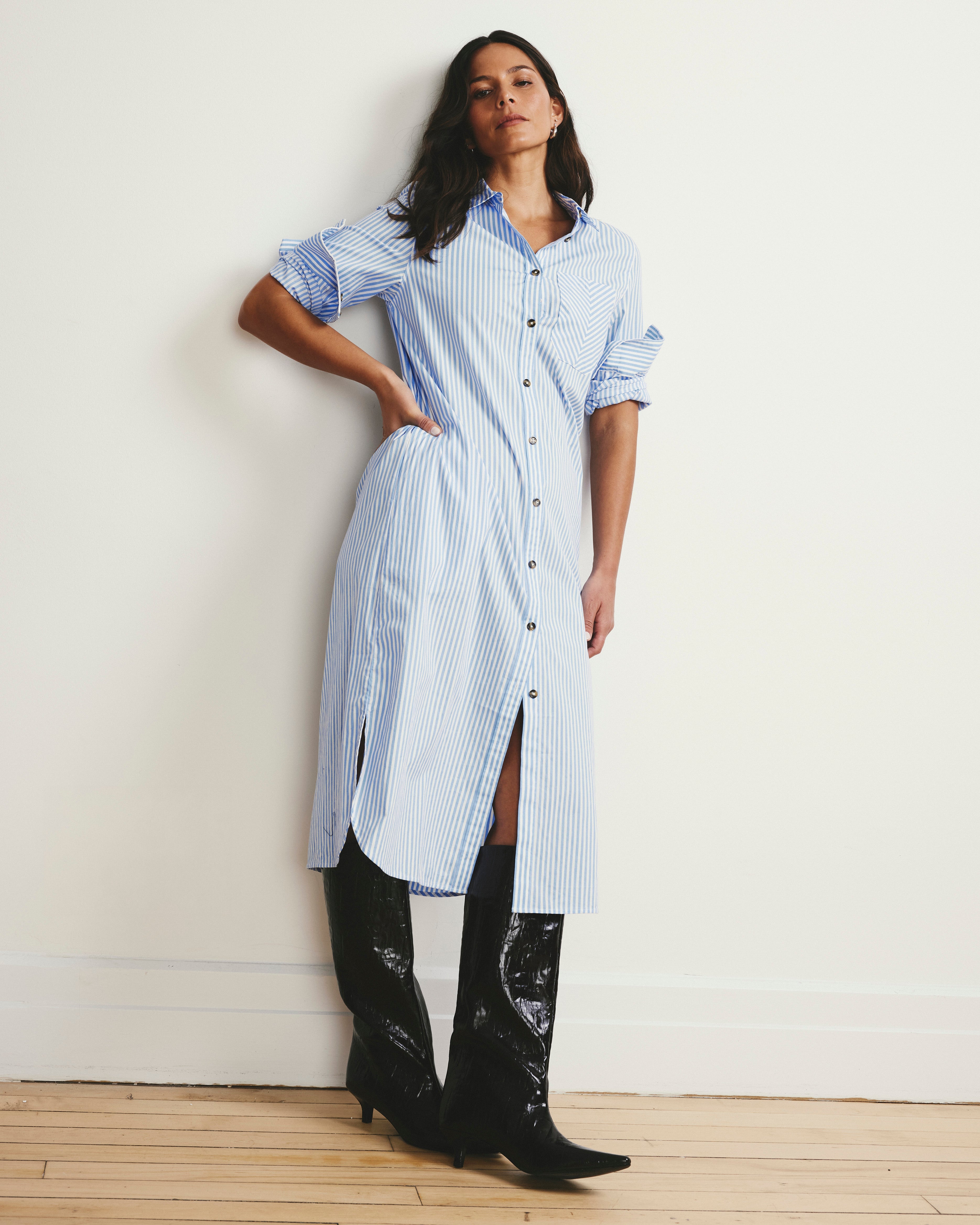 Odeon Stretch Poplin Shirtdress - Blue/White Stripe
