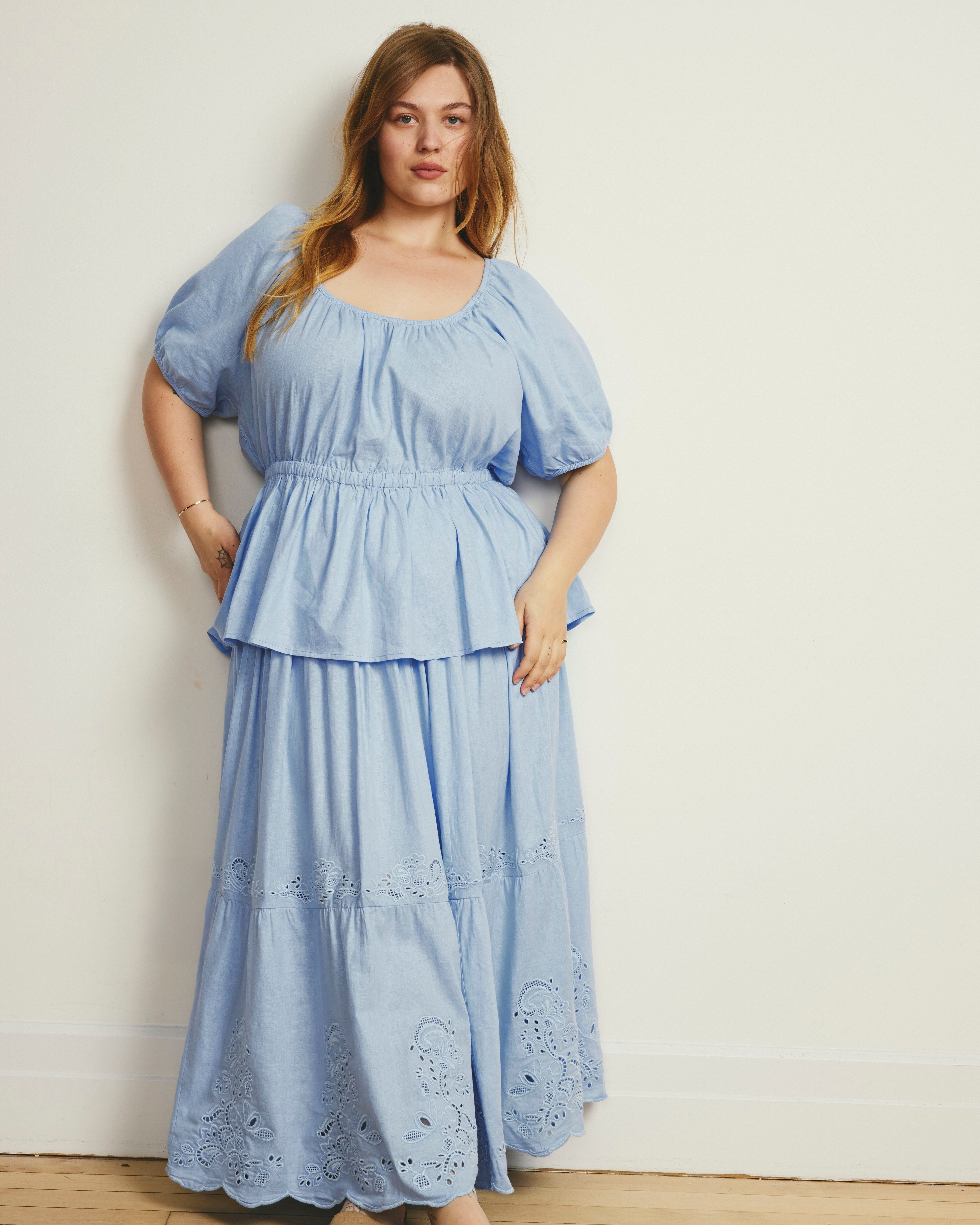Tosca Embroidered Linen Blend Maxi Skirt - Cielo Blue
