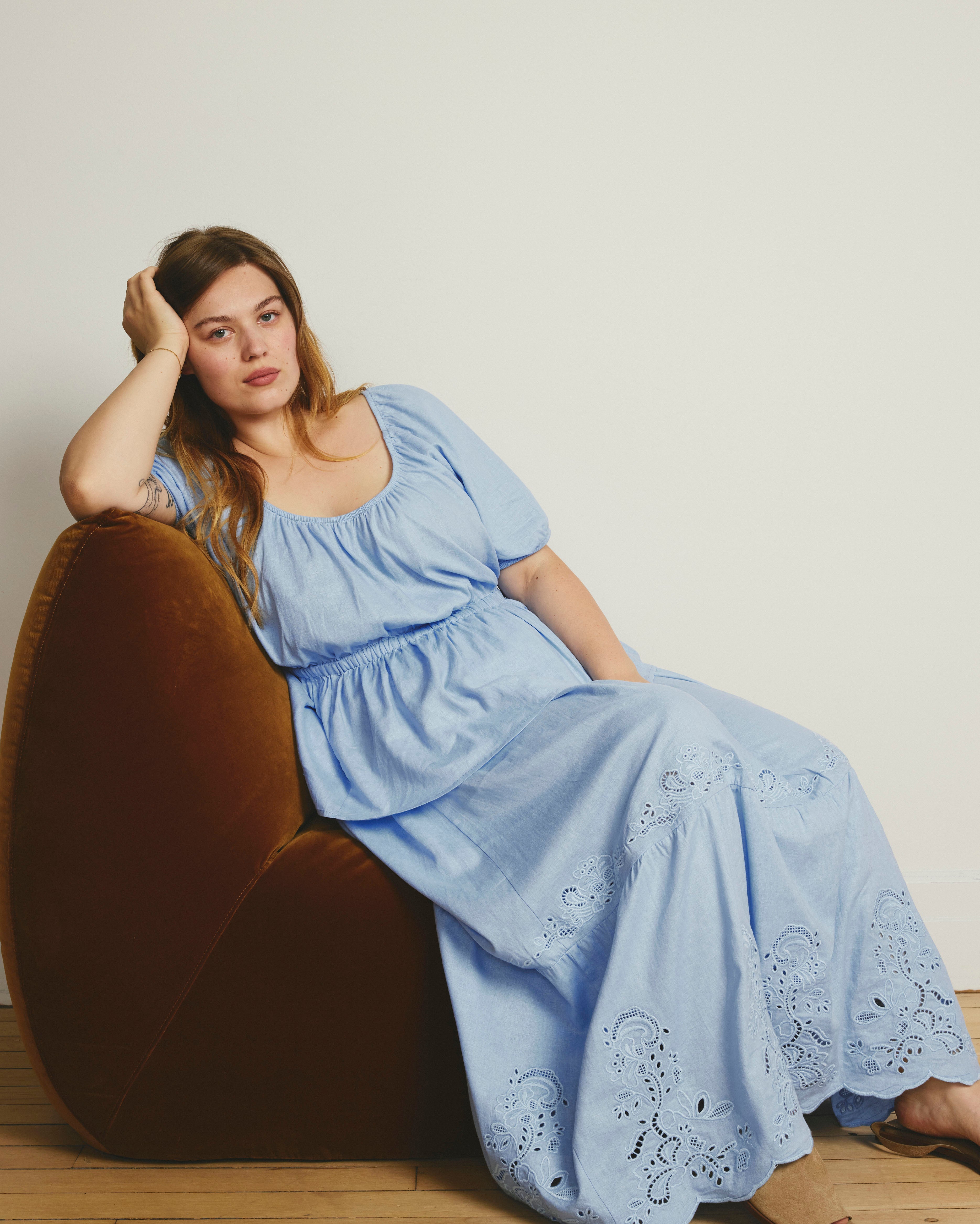 Tosca Embroidered Linen Blend Maxi Skirt - Cielo Blue