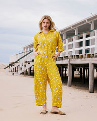 Maggie Barrel Leg Linen Blend Jumpsuit - Yellow Confetti Print