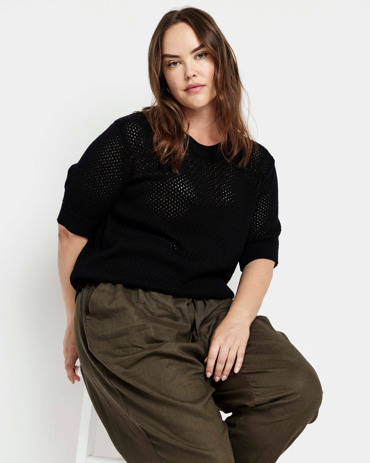 Rosie Pointelle Sweater Top - Black