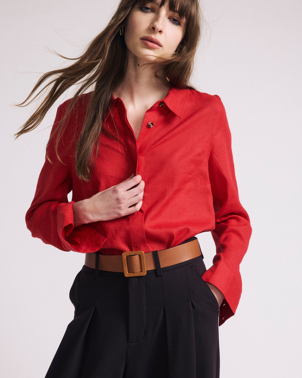 Elbe Stretch Linen Blend Shirt - Brilliant Red