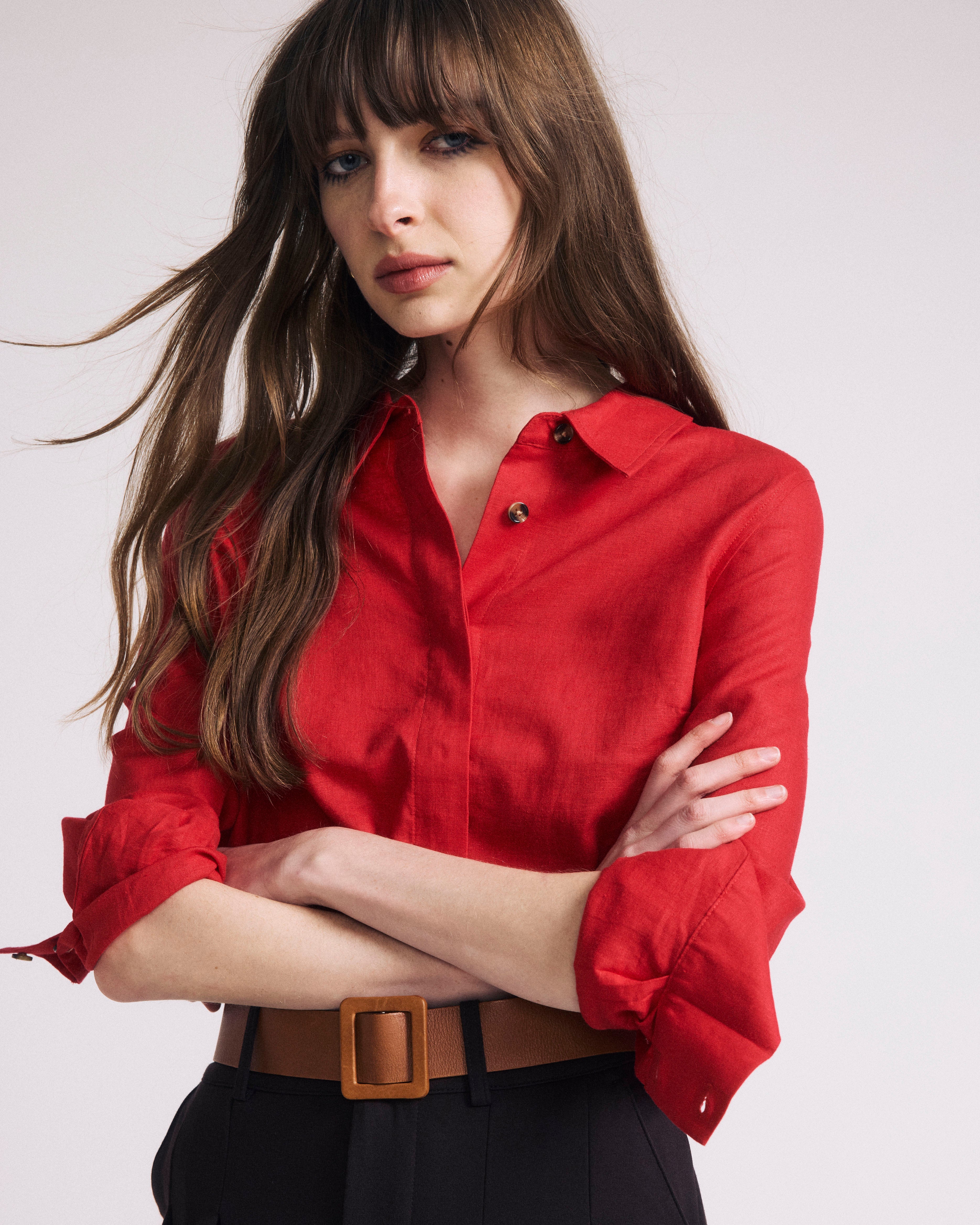 Elbe Stretch Linen Blend Shirt - Brilliant Red