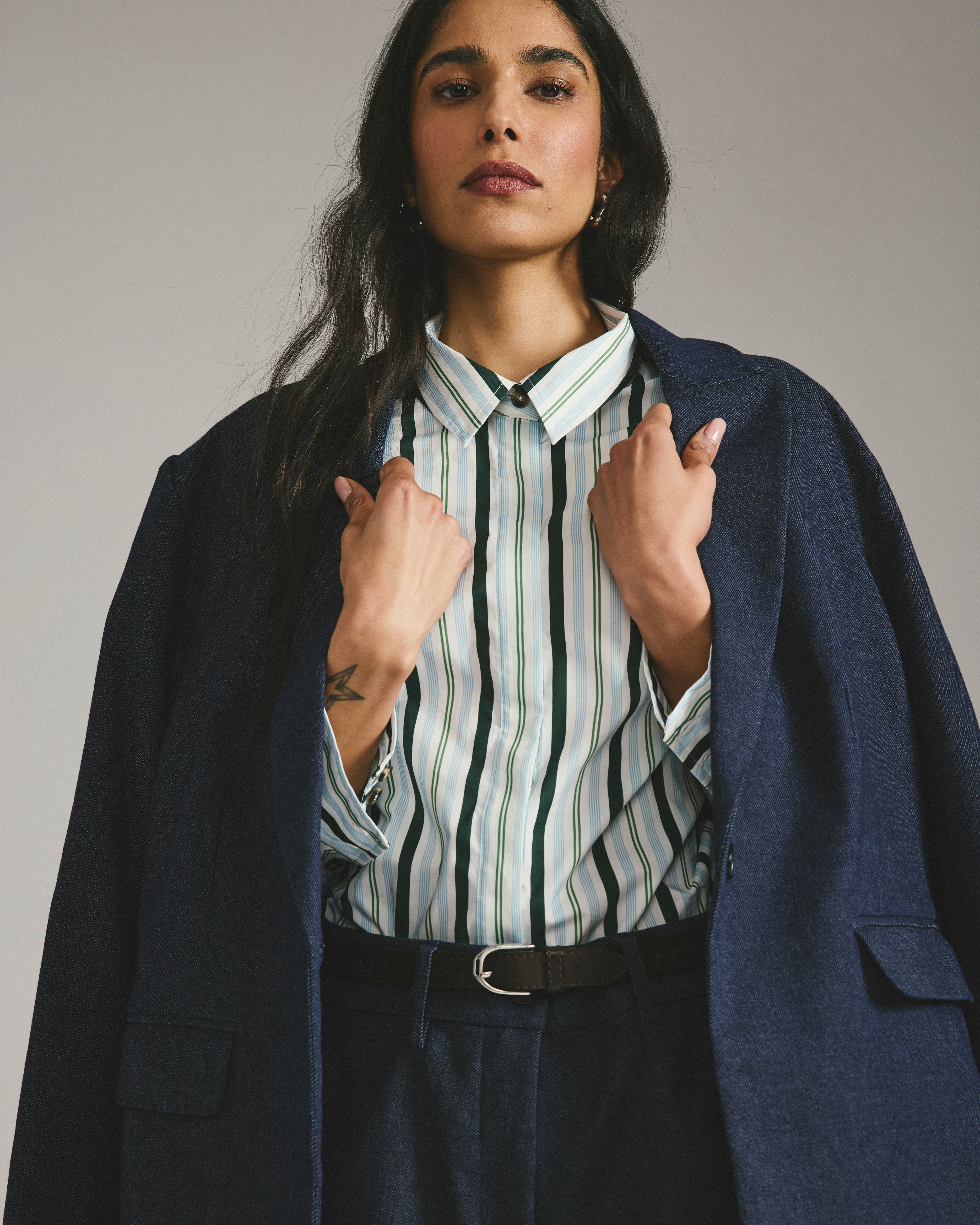 Elbe Stretch Poplin Shirt Classic Fit - Forest Green Multi Stripe