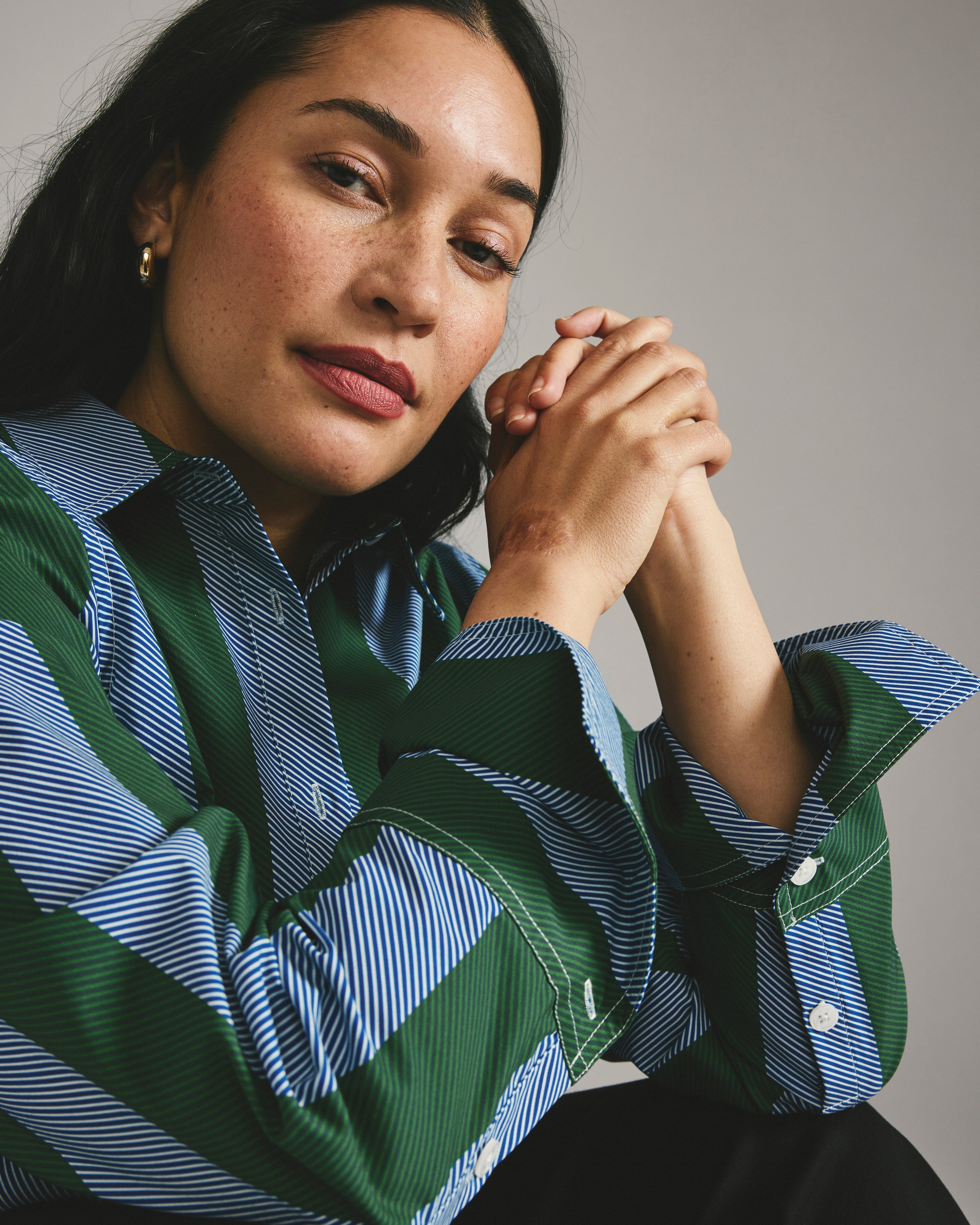 Henning x US Madison Shirt - Green/Blue Directional Stripe
