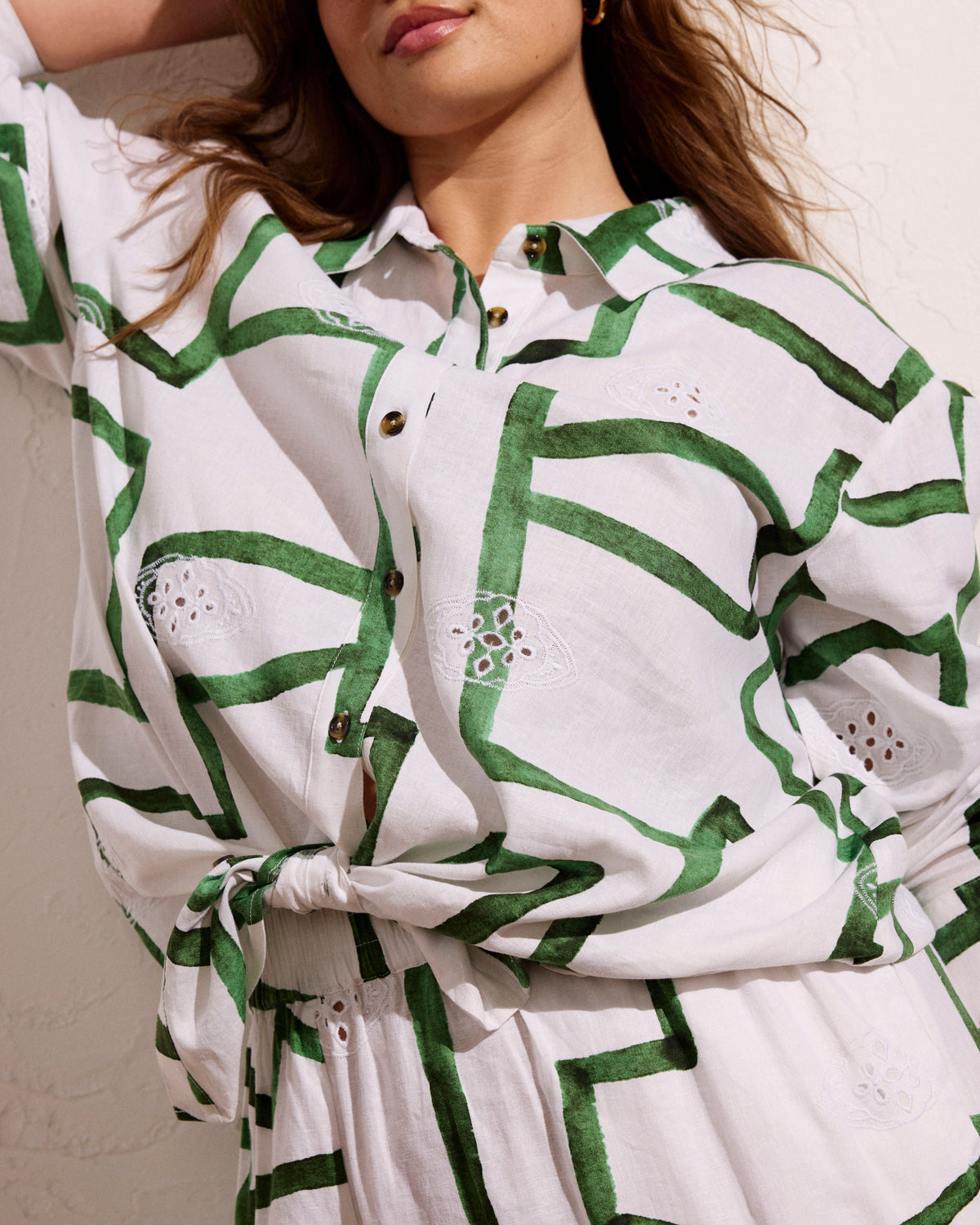 Dawn Linen Blend Hi Low Tunic - Green Paint Print