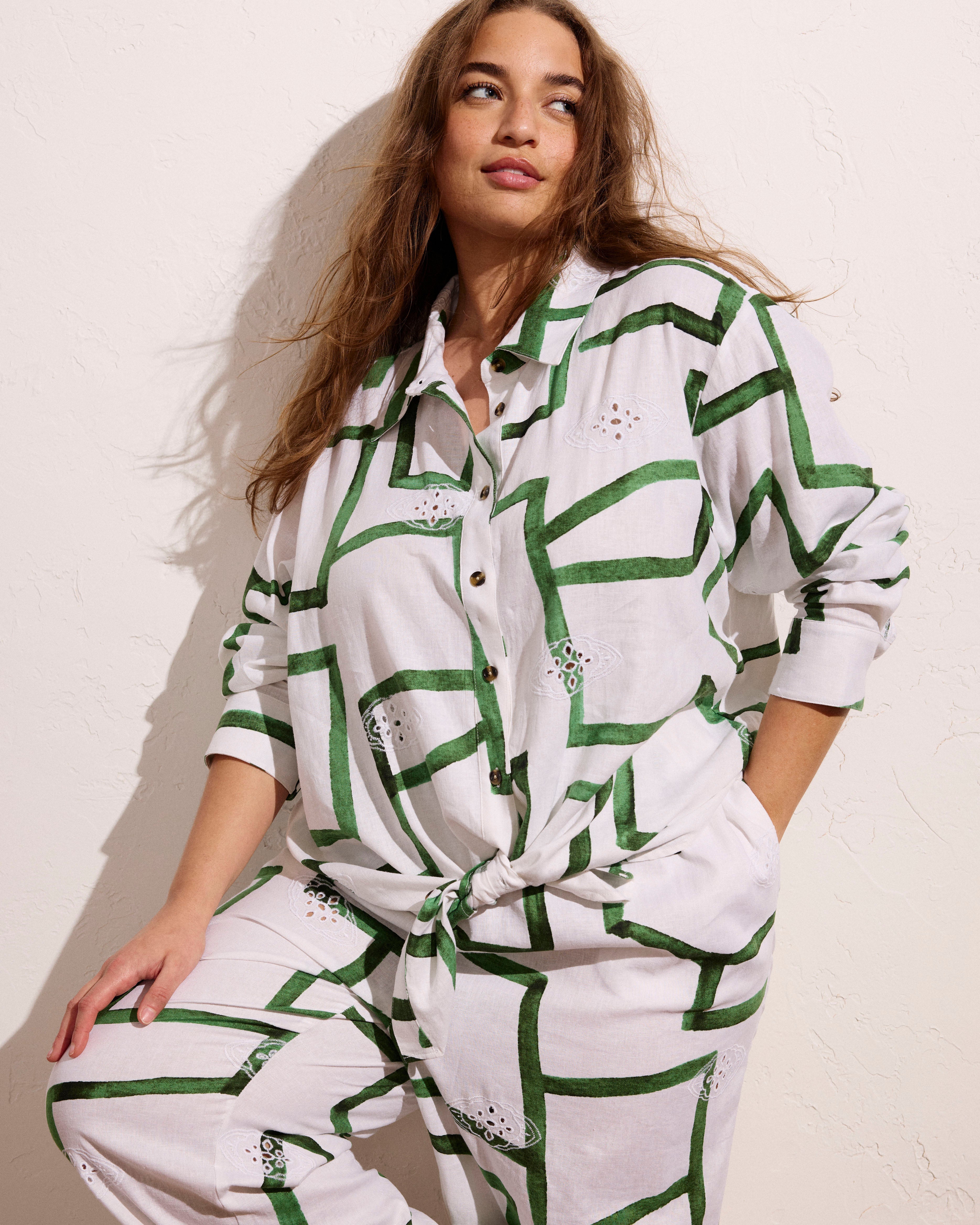 Iris Linen Blend Easy Pull-On Pants - Green Paint Print