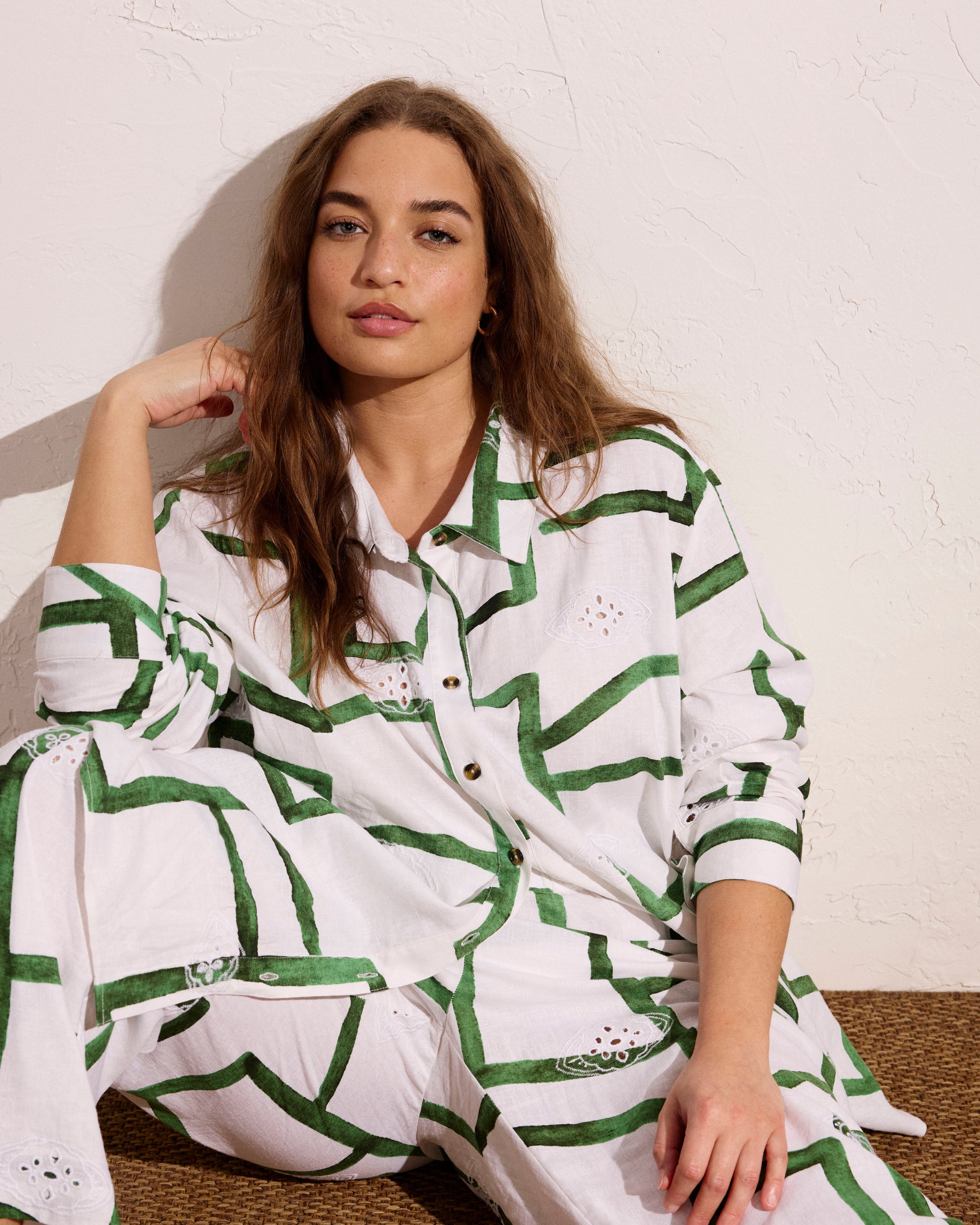 Iris Linen Blend Easy Pull-On Pants - Green Paint Print