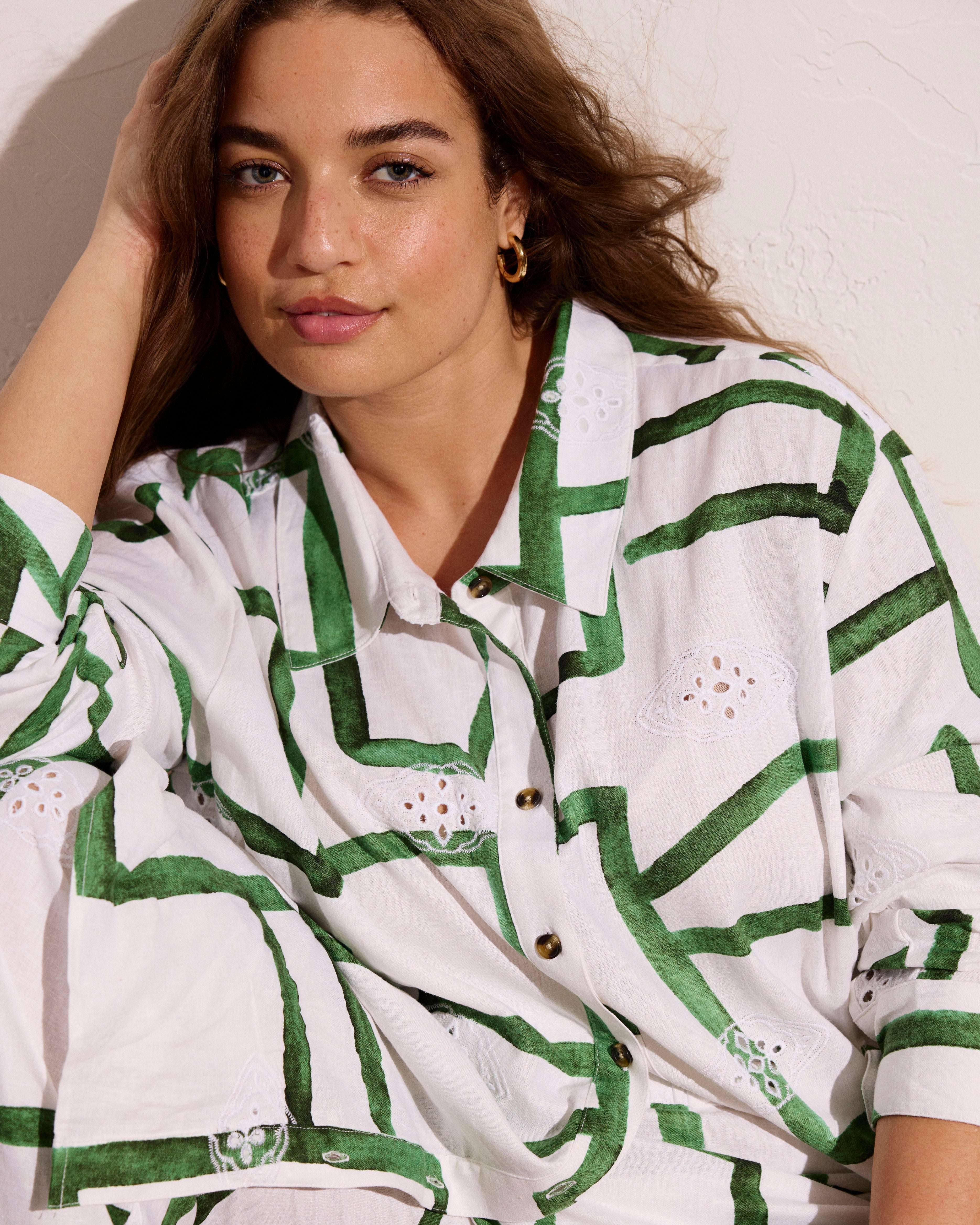 Dawn Linen Blend Hi Low Tunic - Green Paint Print