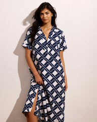 Padma Polo Neck Linen Blend Dress - Geometrica Print