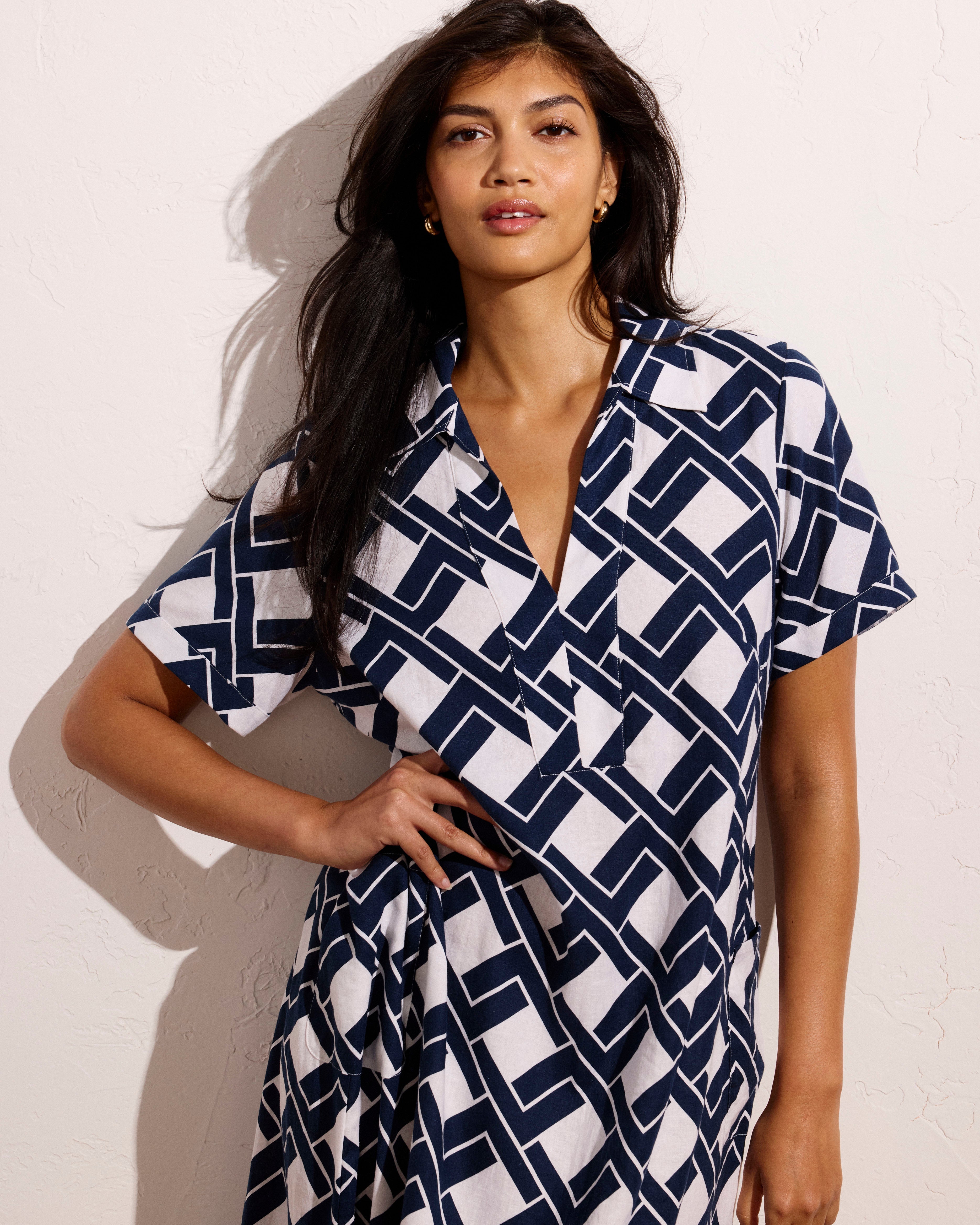 Padma Polo Neck Linen Blend Dress - Geometrica Print