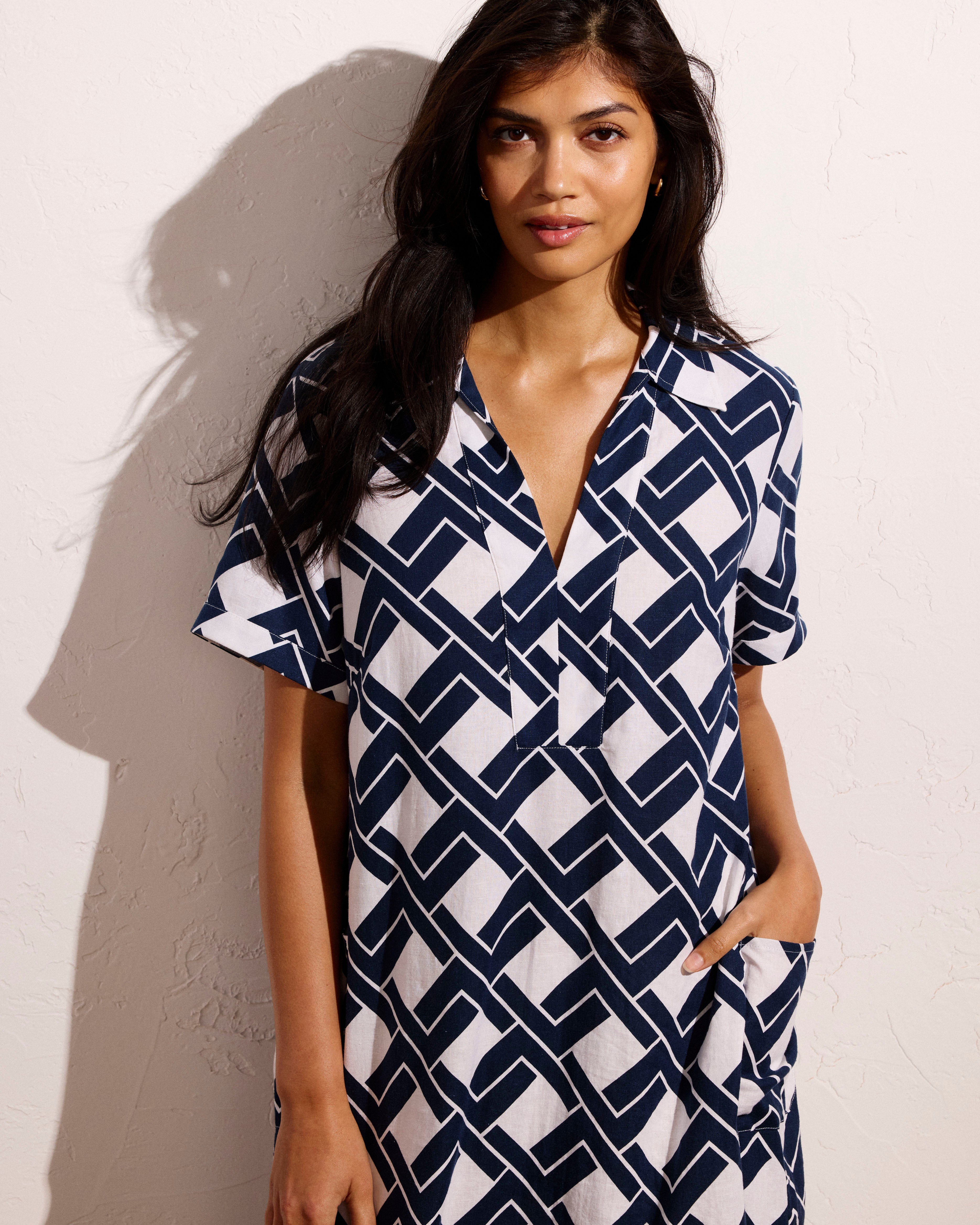 Padma Polo Neck Linen Blend Dress - Geometrica Print