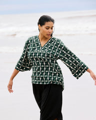 Elio V-Neck Linen Blend Top - Green Trellis Print