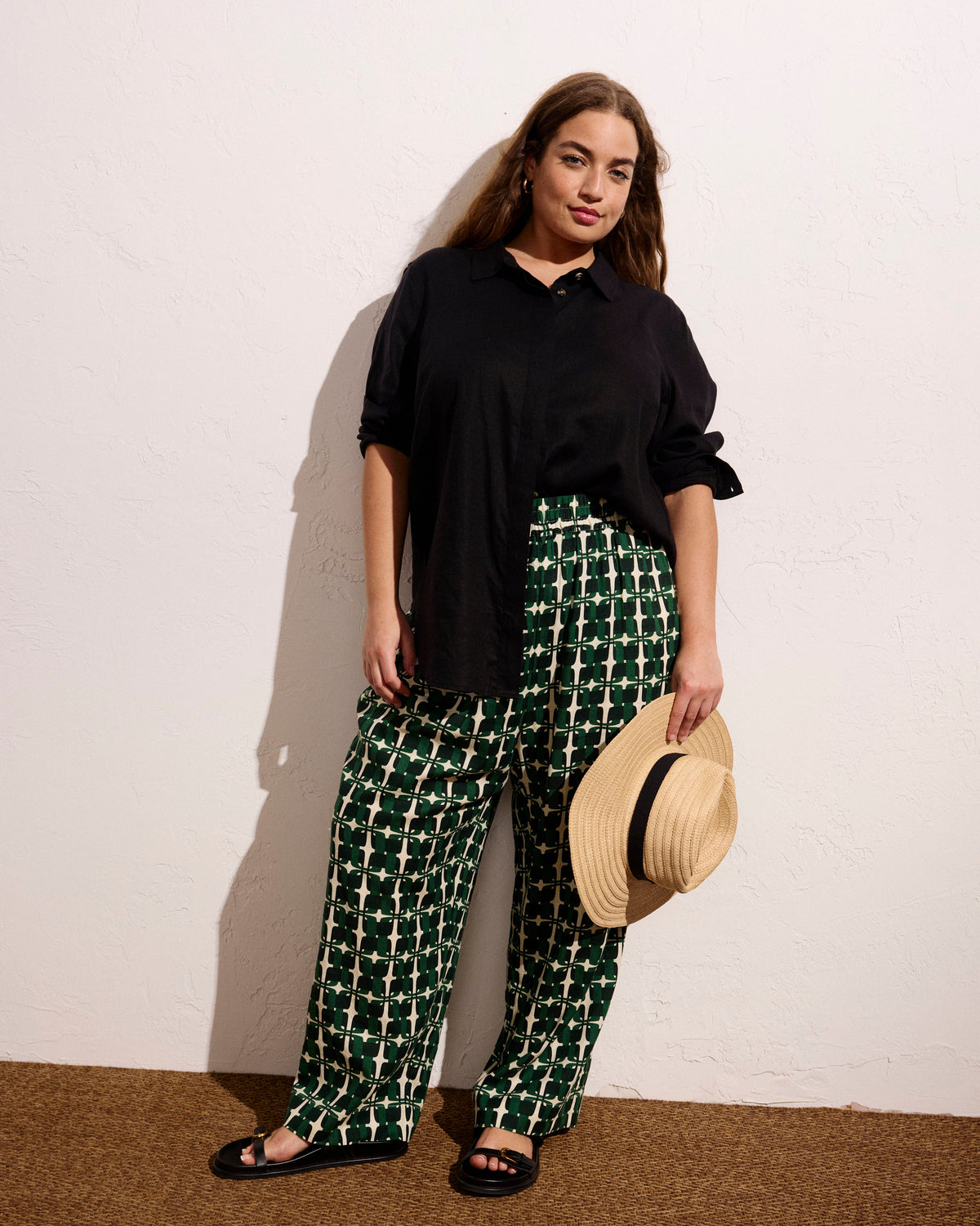 Iris Linen Blend Easy Pull-On Pants - Green Trellis Print