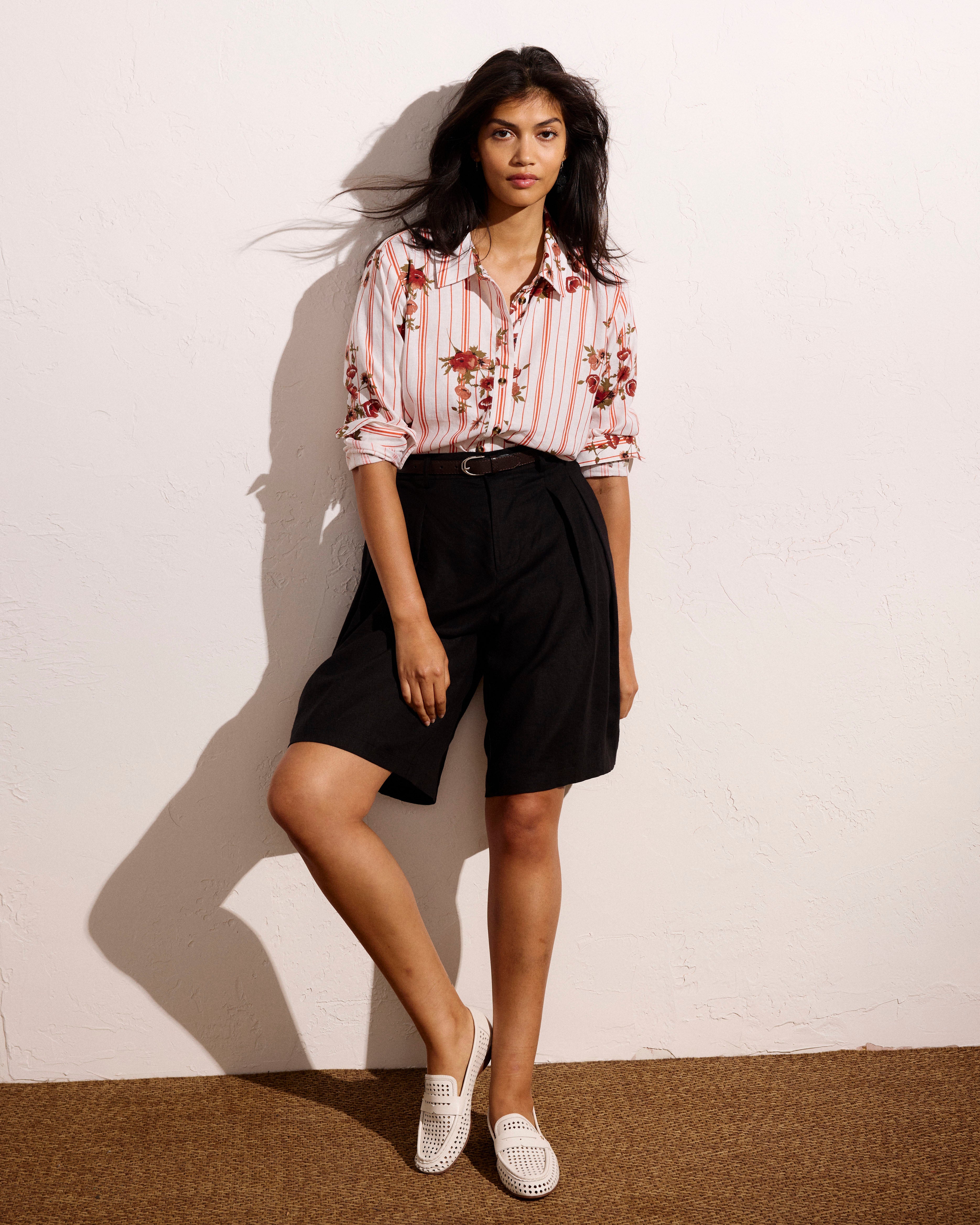 Dawn Linen Blend Hi Low Tunic - Wild Flower Bouquet Print on Stripes