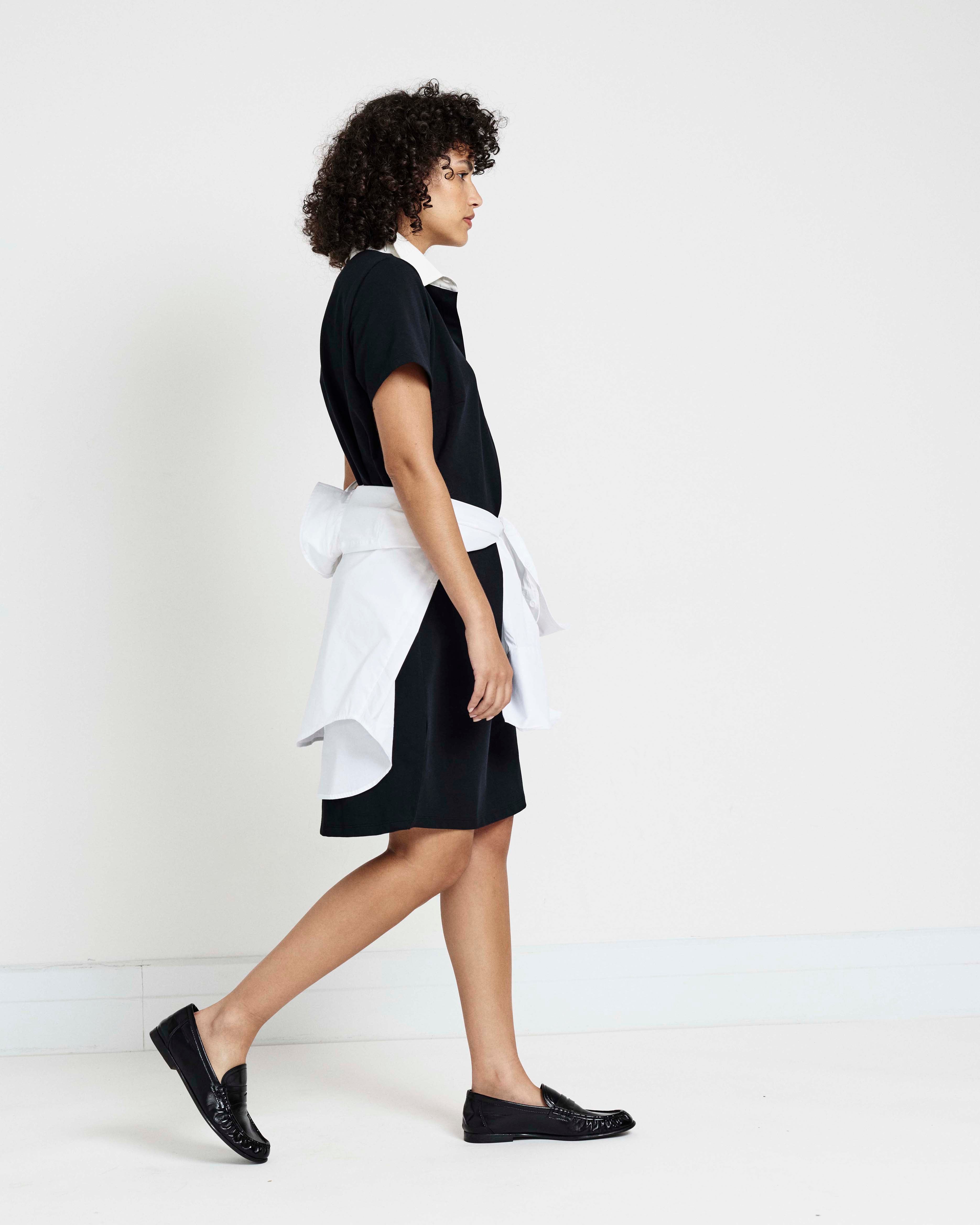 Varsity French Terry Polo Dress - Black/White