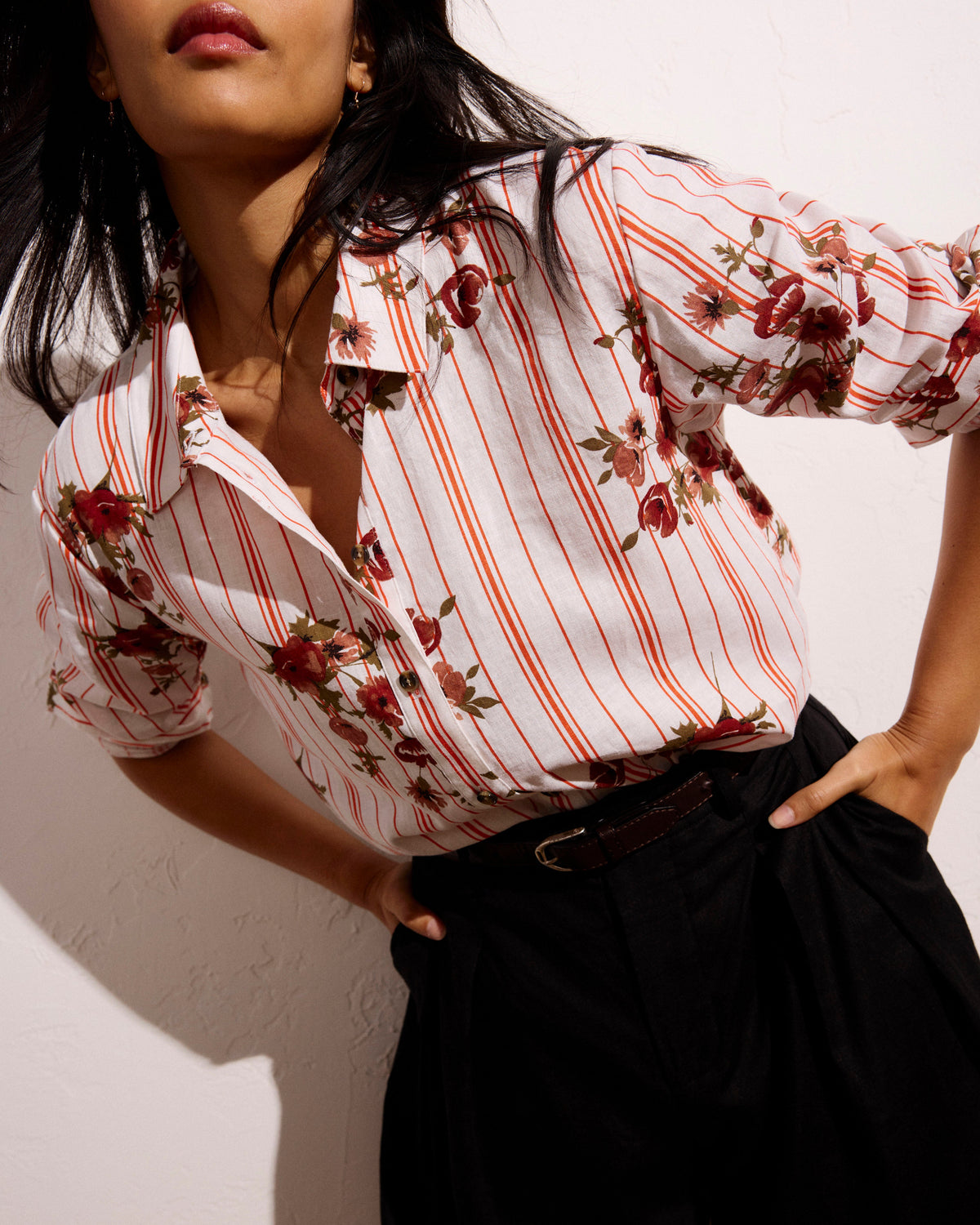 Dawn Linen Blend Hi Low Tunic - Wild Flower Bouquet Print on Stripes