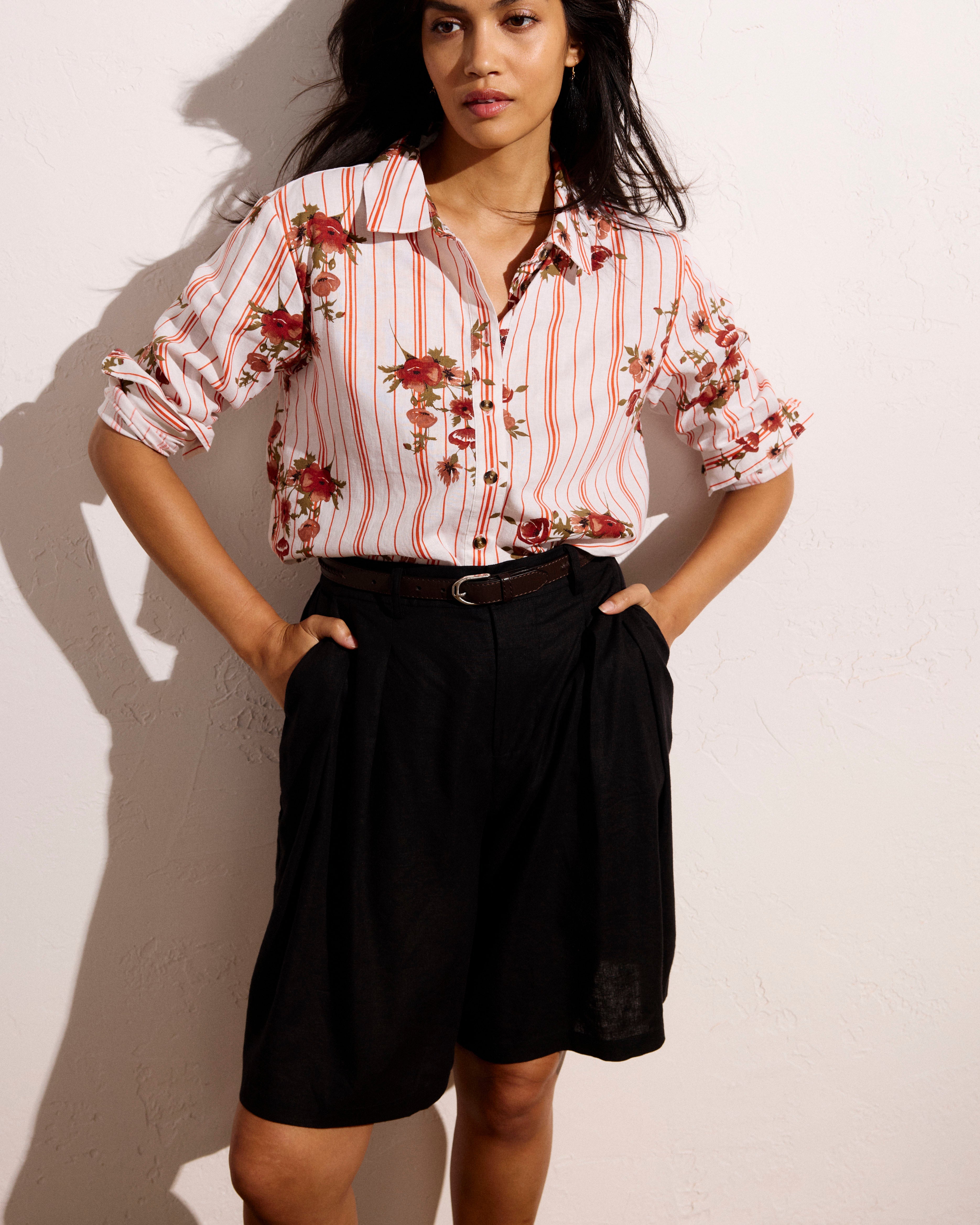 Dawn Linen Blend Hi Low Tunic - Wild Flower Bouquet Print on Stripes
