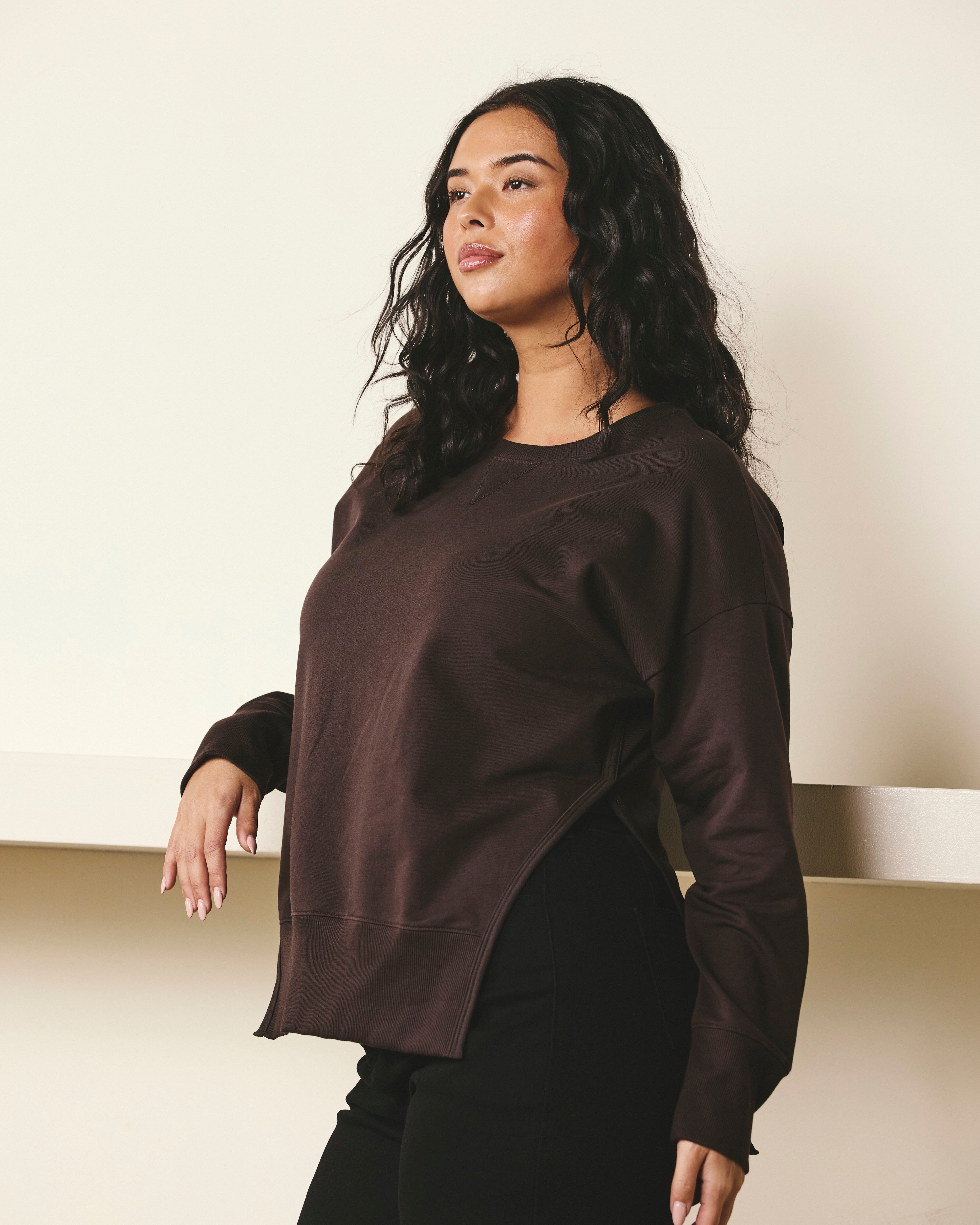 Fiona Side Slit Sweatshirt - Deep Brown