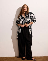 Dawn Linen Blend Hi Low Tunic - Ink Bloom Print