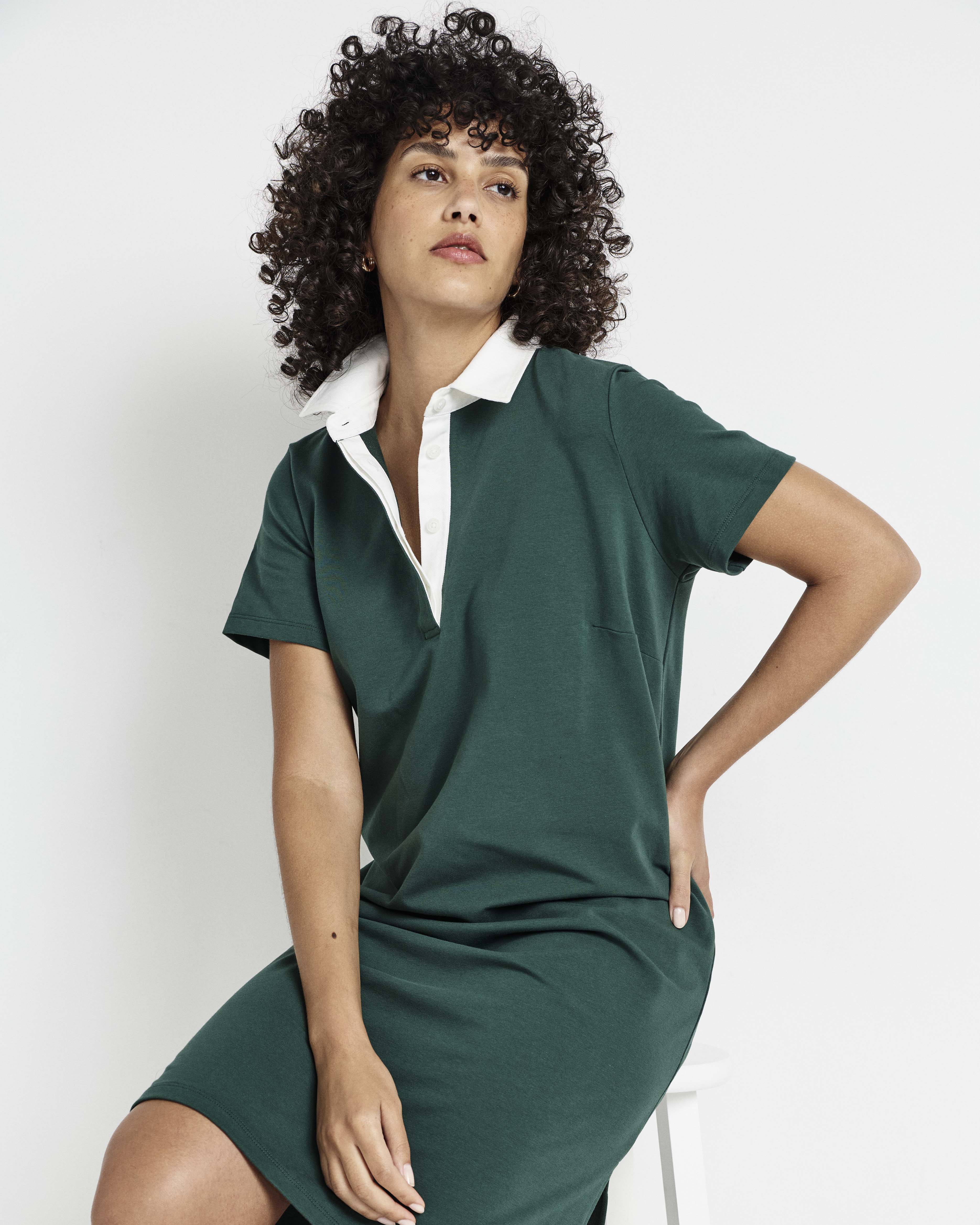 Varsity French Terry Polo Dress - Forest Green/White