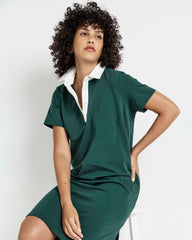 Varsity French Terry Polo Dress - Forest Green/White