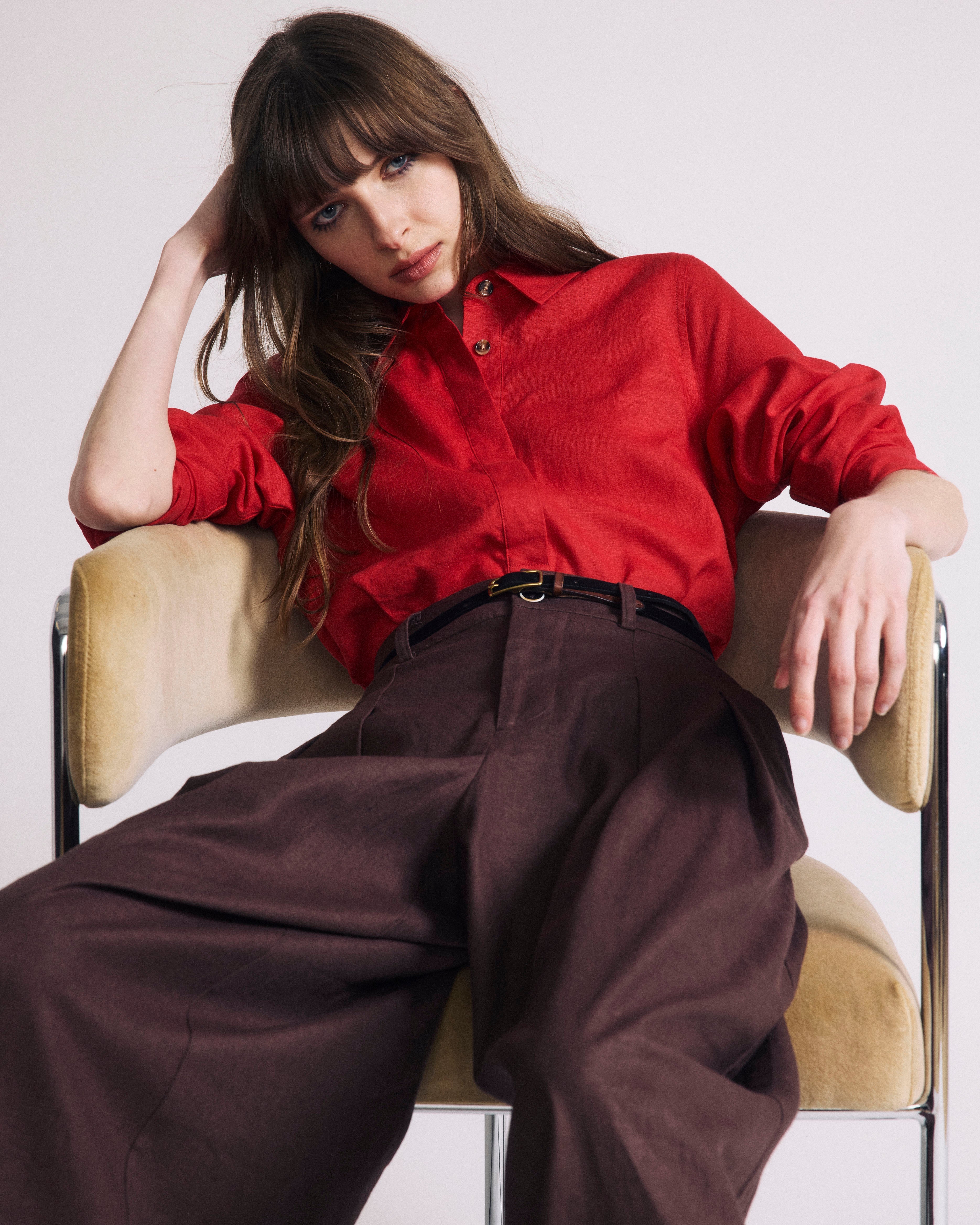 Elbe Popover Stretch Linen Blend Shirt - Brilliant Red
