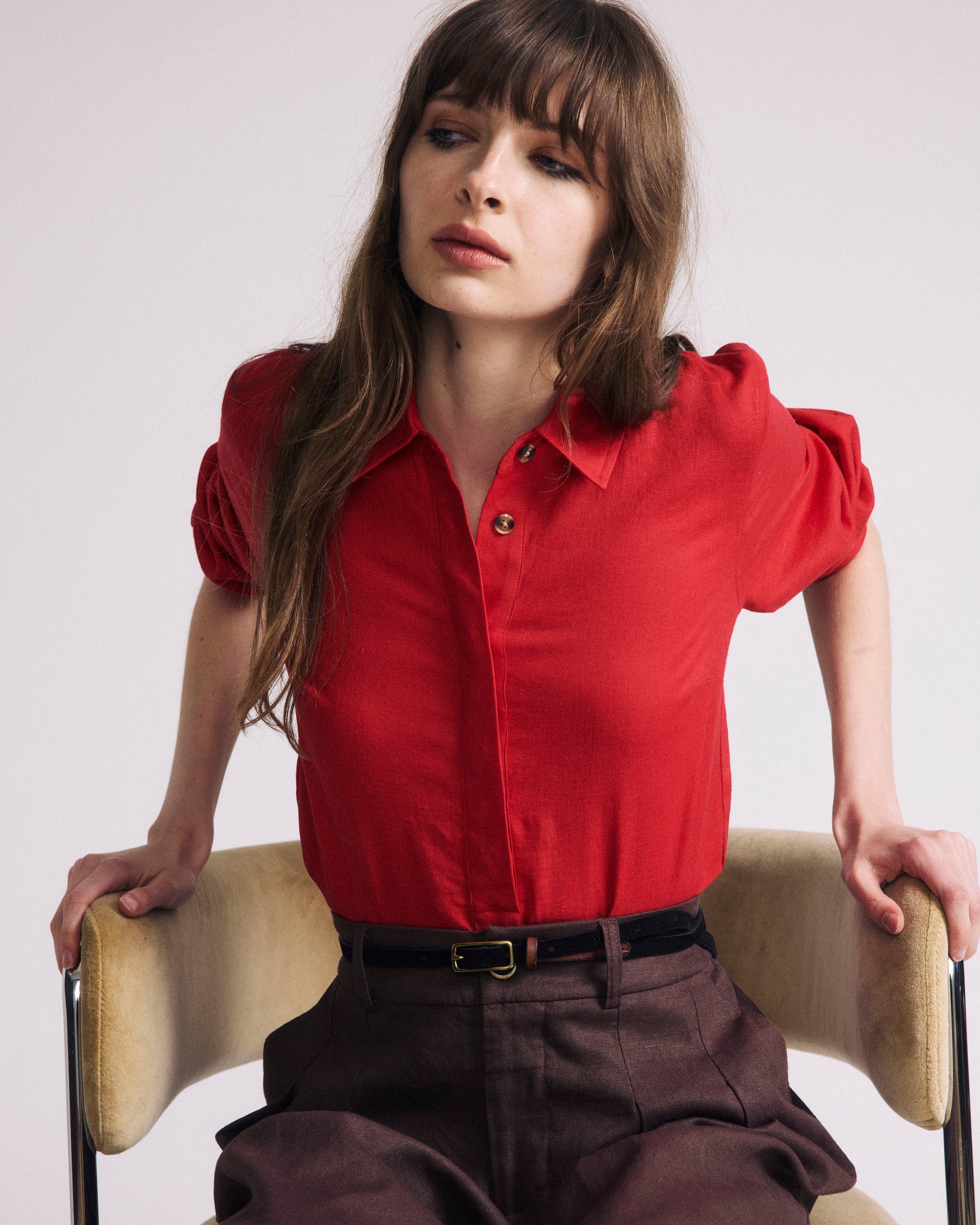 Elbe Popover Stretch Linen Blend Shirt - Brilliant Red
