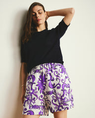 Juniper Linen Blend Easy Pull-On Shorts - Purple Majolica Print