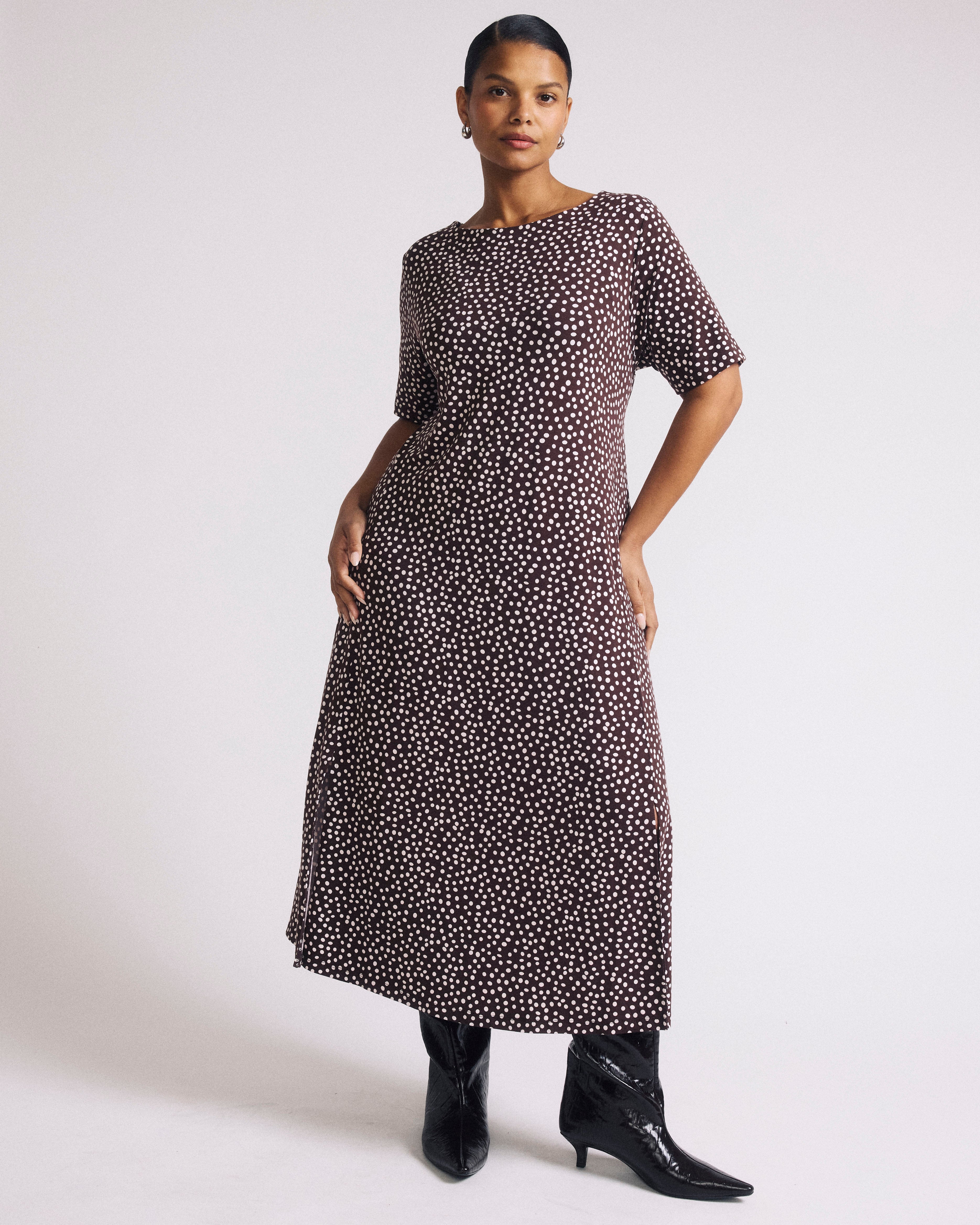 Serena Boatneck Divine Jersey Dress - Brown/White Dot Print