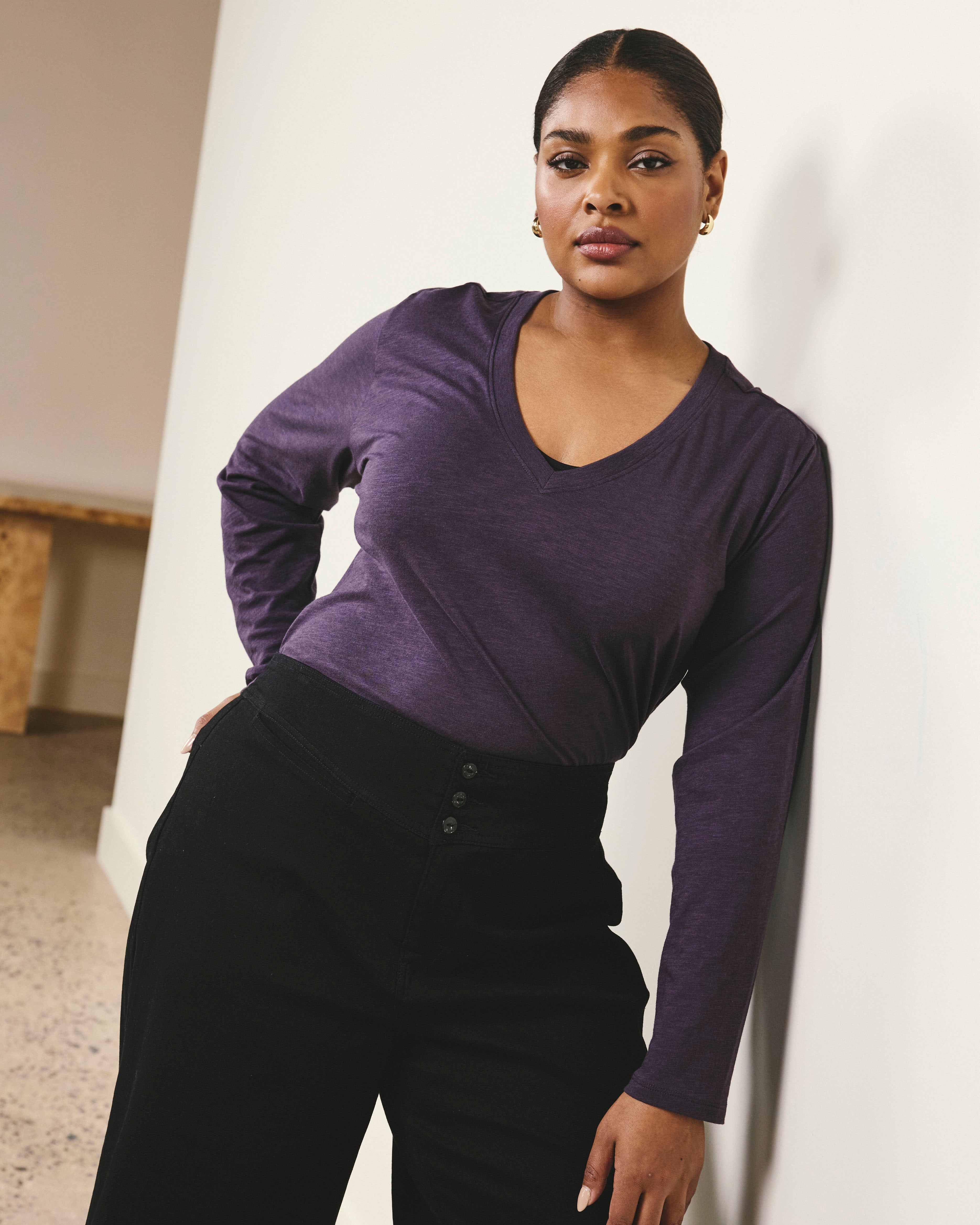 Light-As-Air Long Sleeve V Neck Tee - Purple Jewel