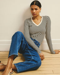 Long Sleeve V Rex - Ecru/Black Stripe