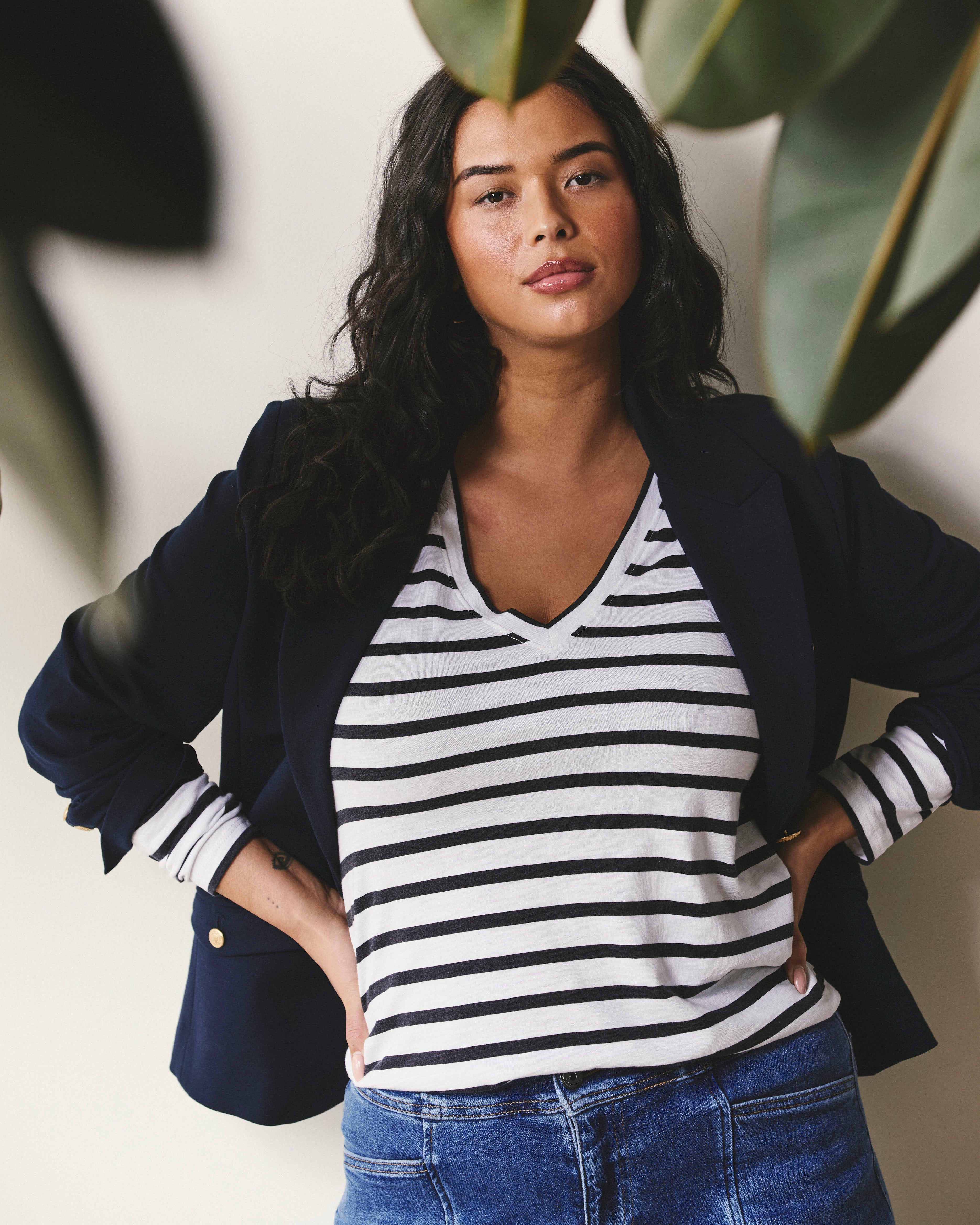 Light-As-Air Long Sleeve V Neck Tee - Zen Stripe