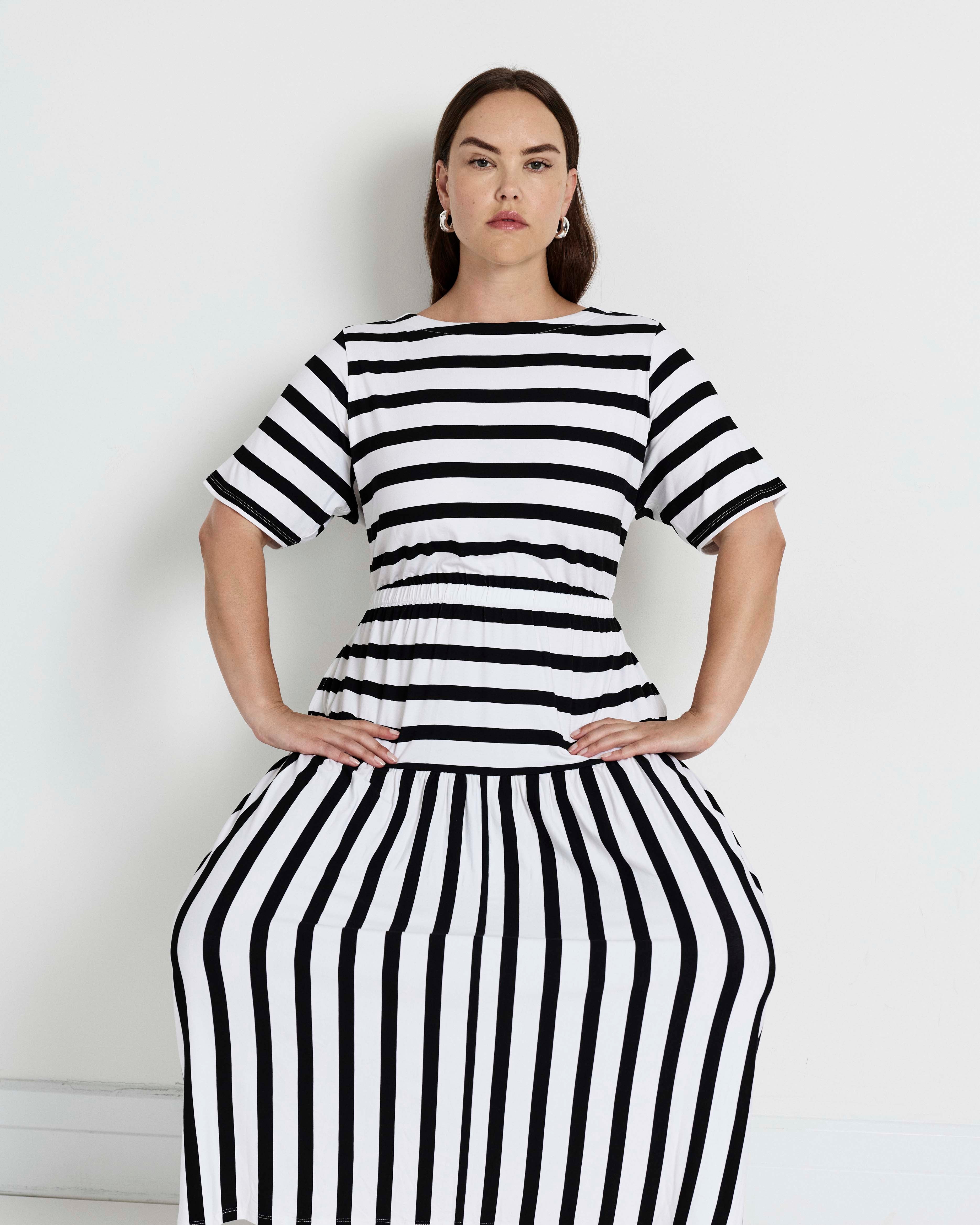 Thea Divine Jersey Midi Dress - Black/White Stripe