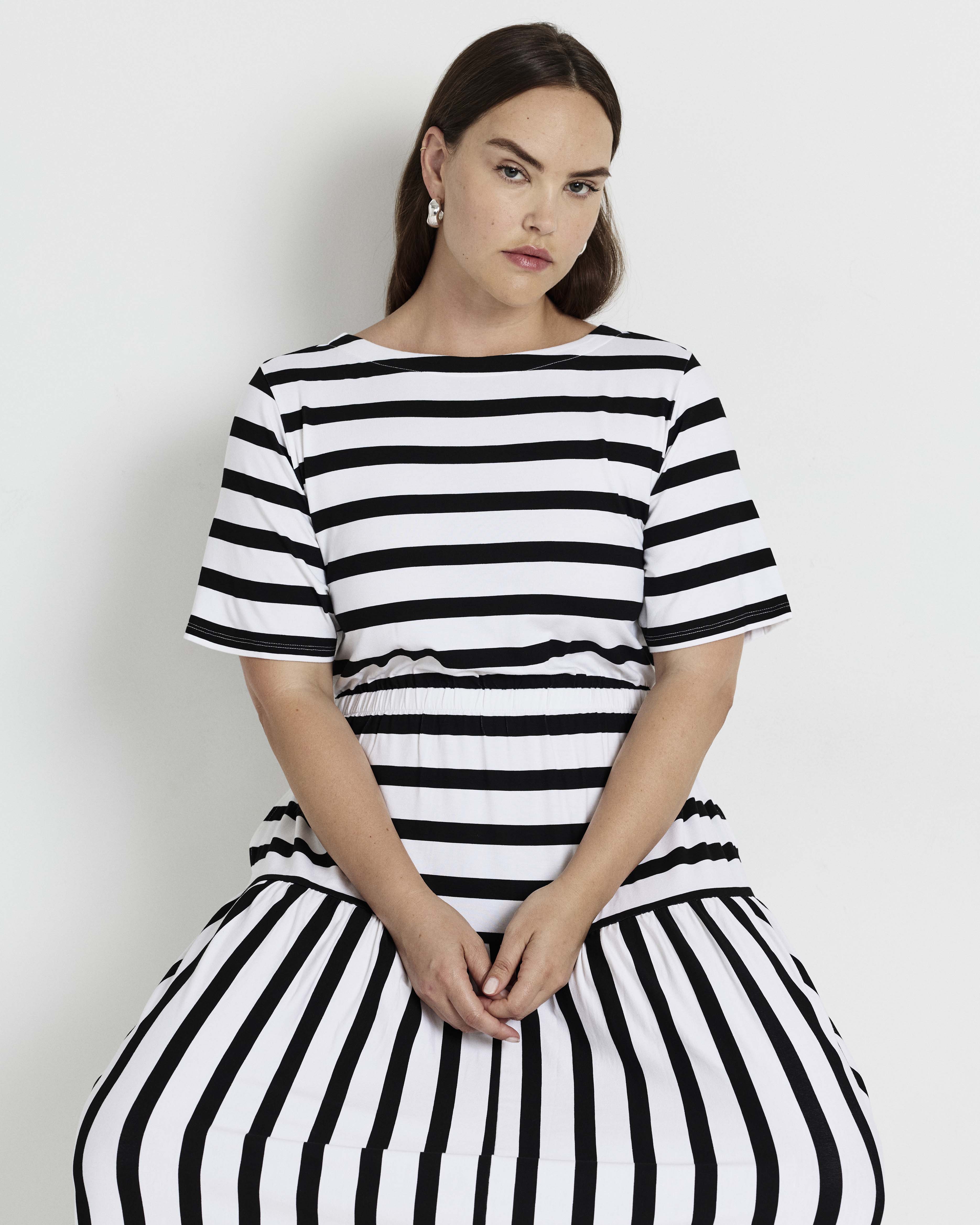 Thea Divine Jersey Midi Dress - Black/White Stripe