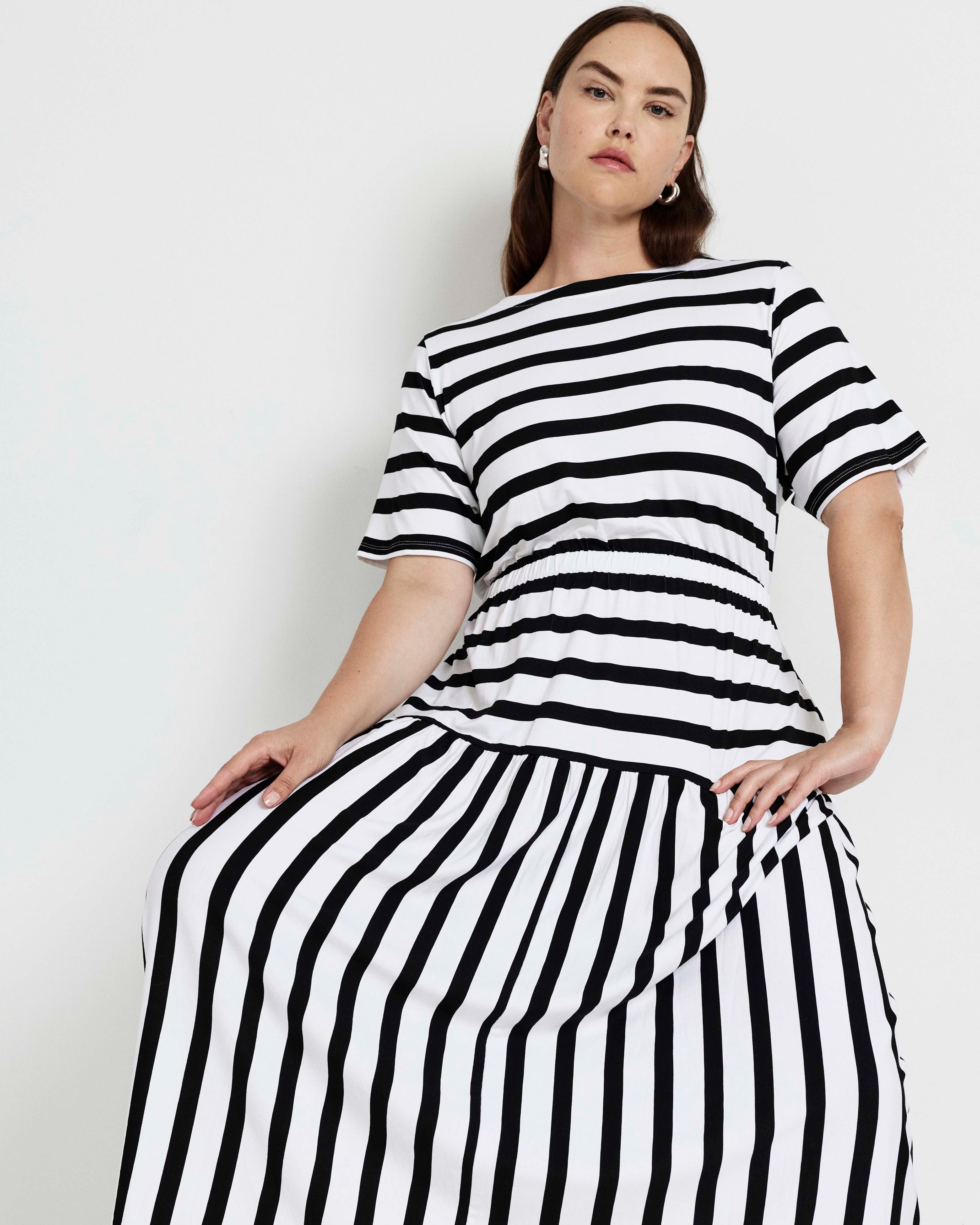 Thea Divine Jersey Midi Dress - Black/White Stripe
