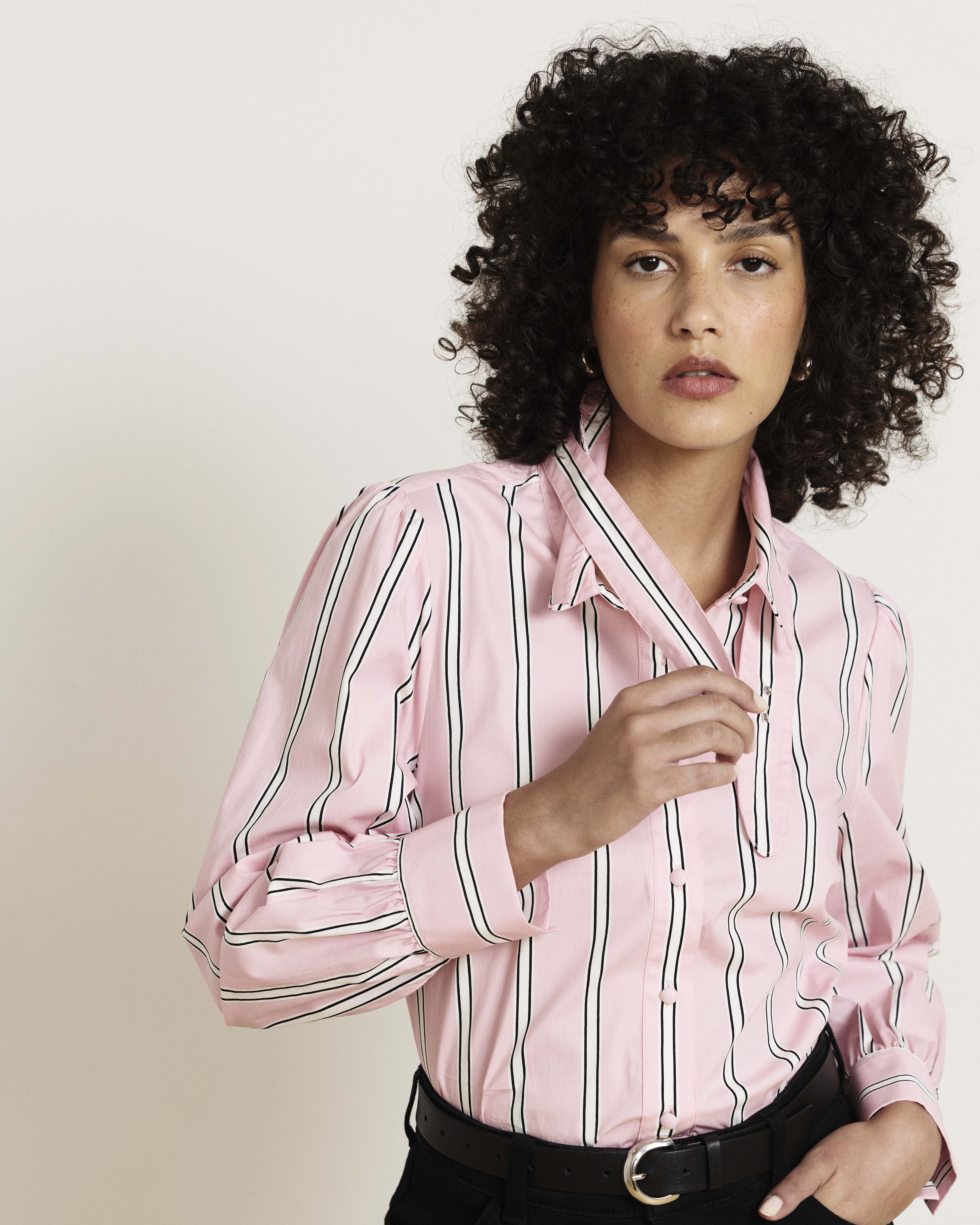 Janet Tie-Neck Cotton Poplin Shirt - Pink Horizon Stripe