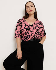 Lily Liquid Jersey V-Neck Stovepipe Tee - Pink Sgraffito Print