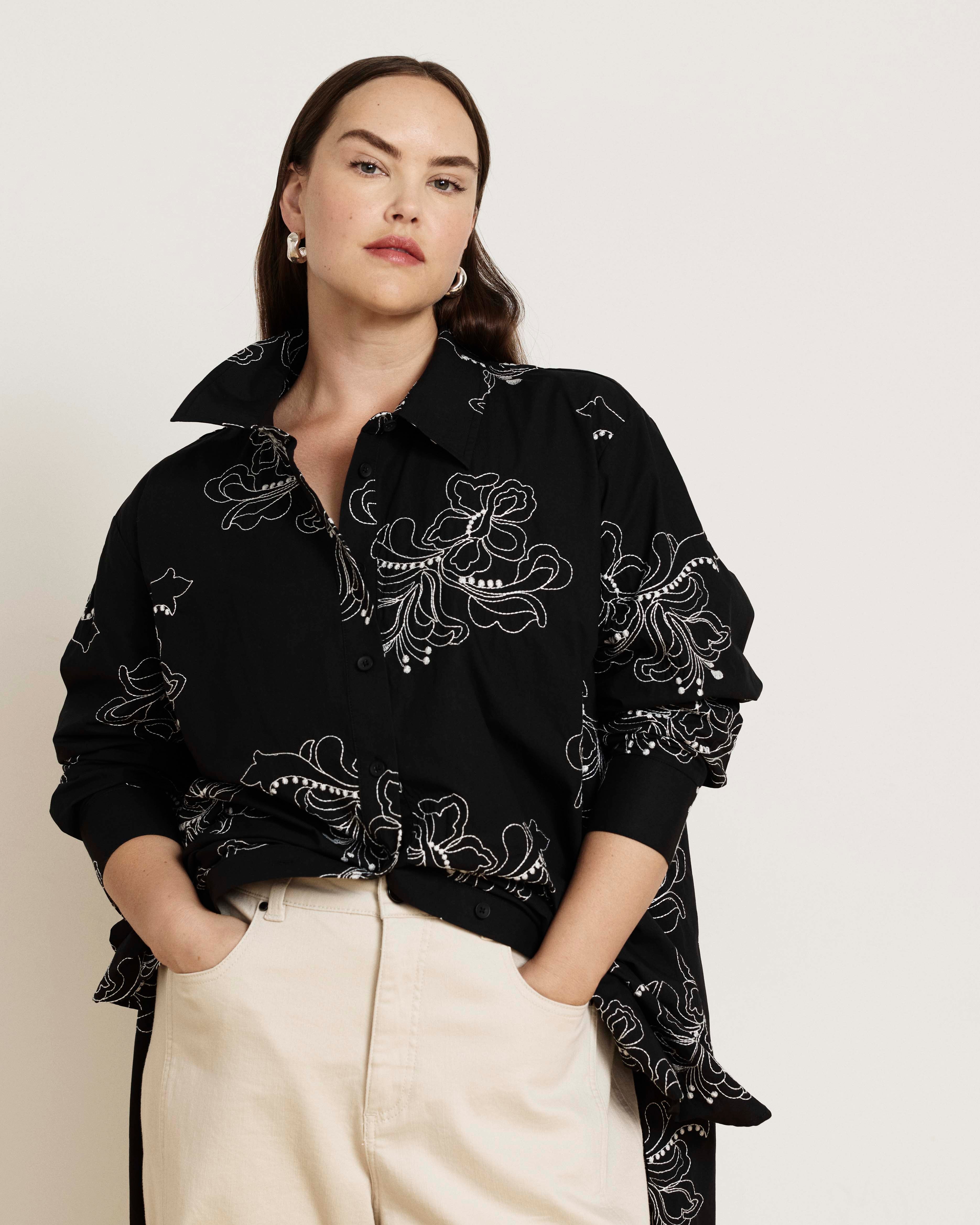 The Artist Oversized Poplin Shirt - Hibiscus Embroidery