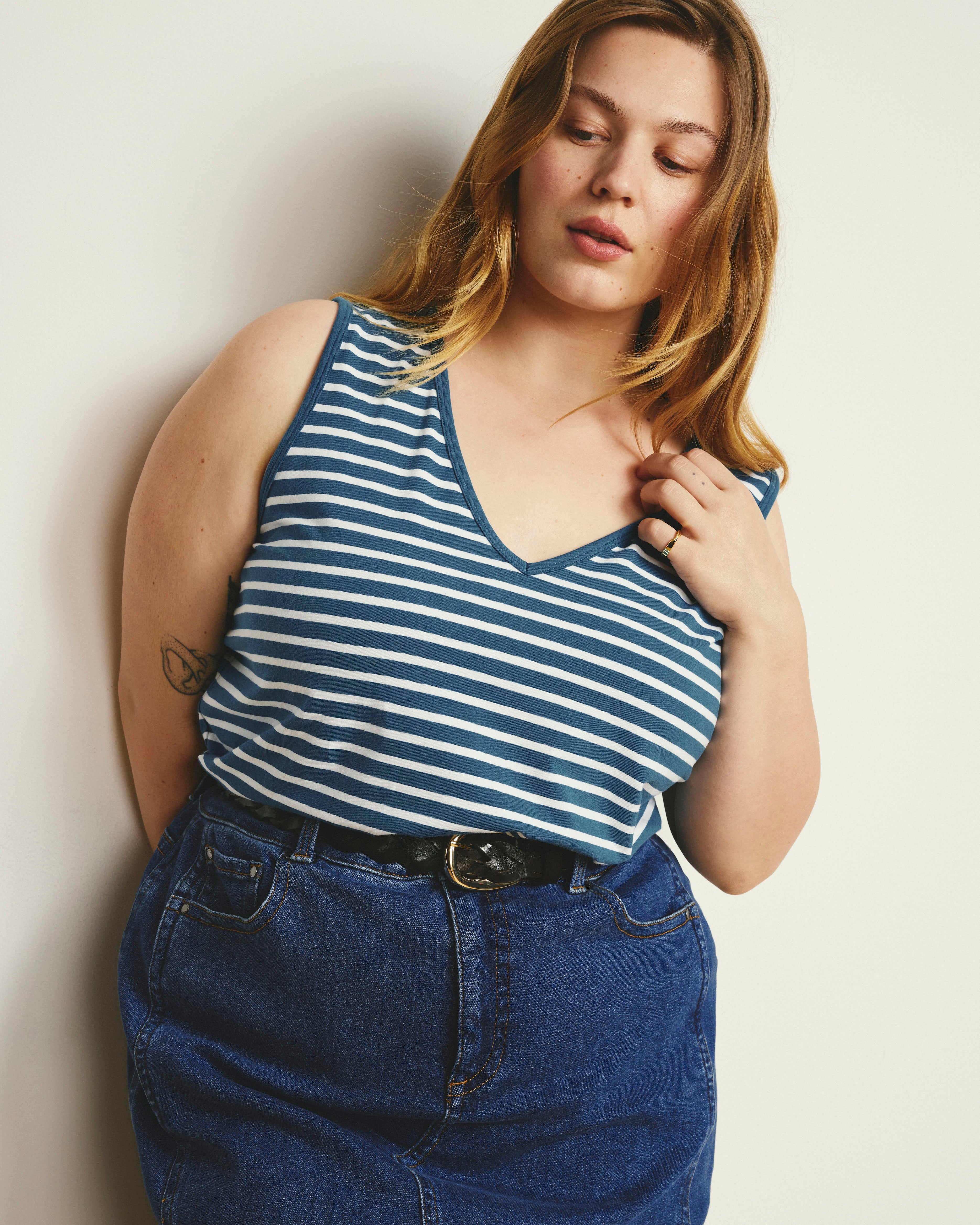 Double V Tank - Ink Blue/White Stripe