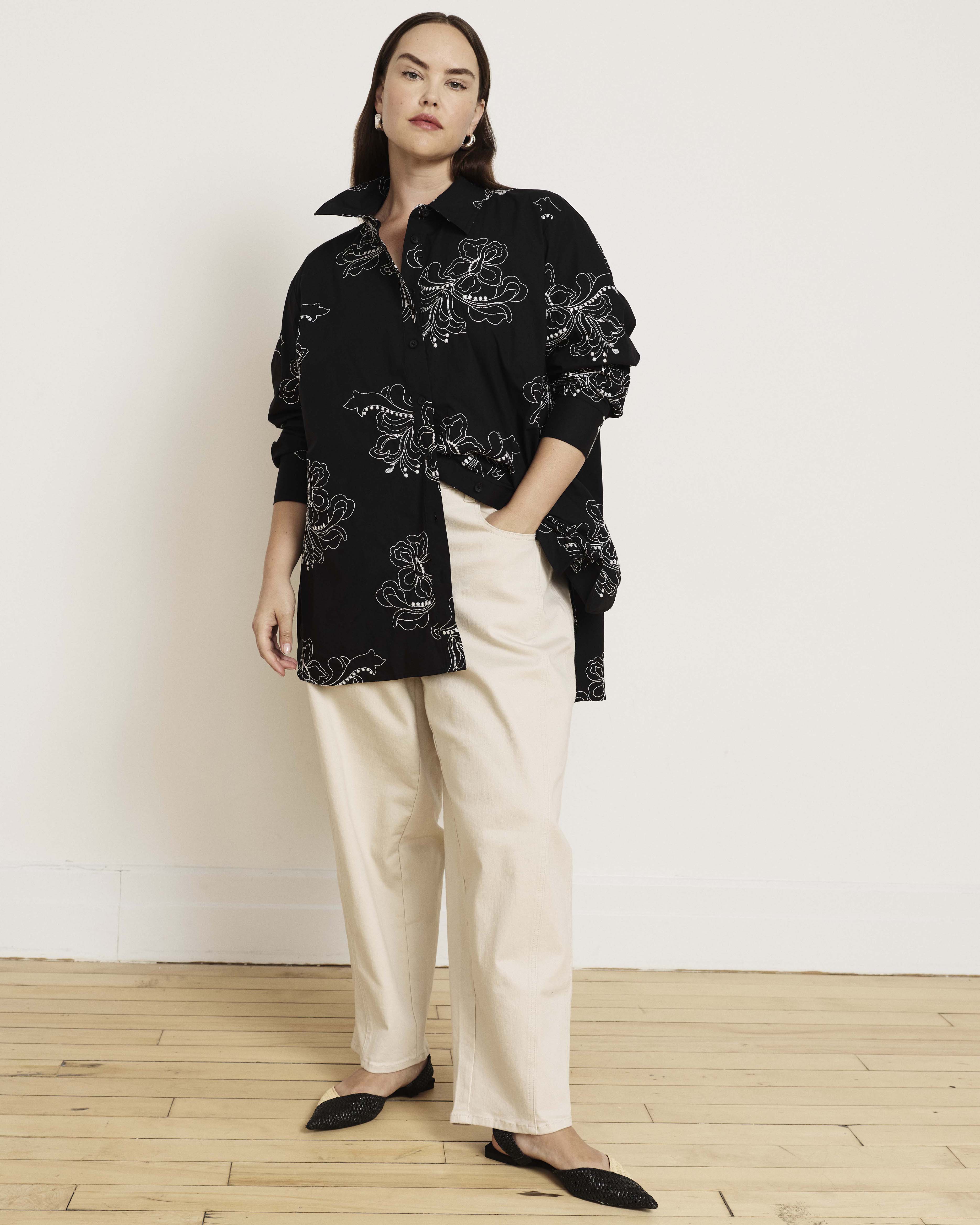 The Artist Oversized Poplin Shirt - Hibiscus Embroidery