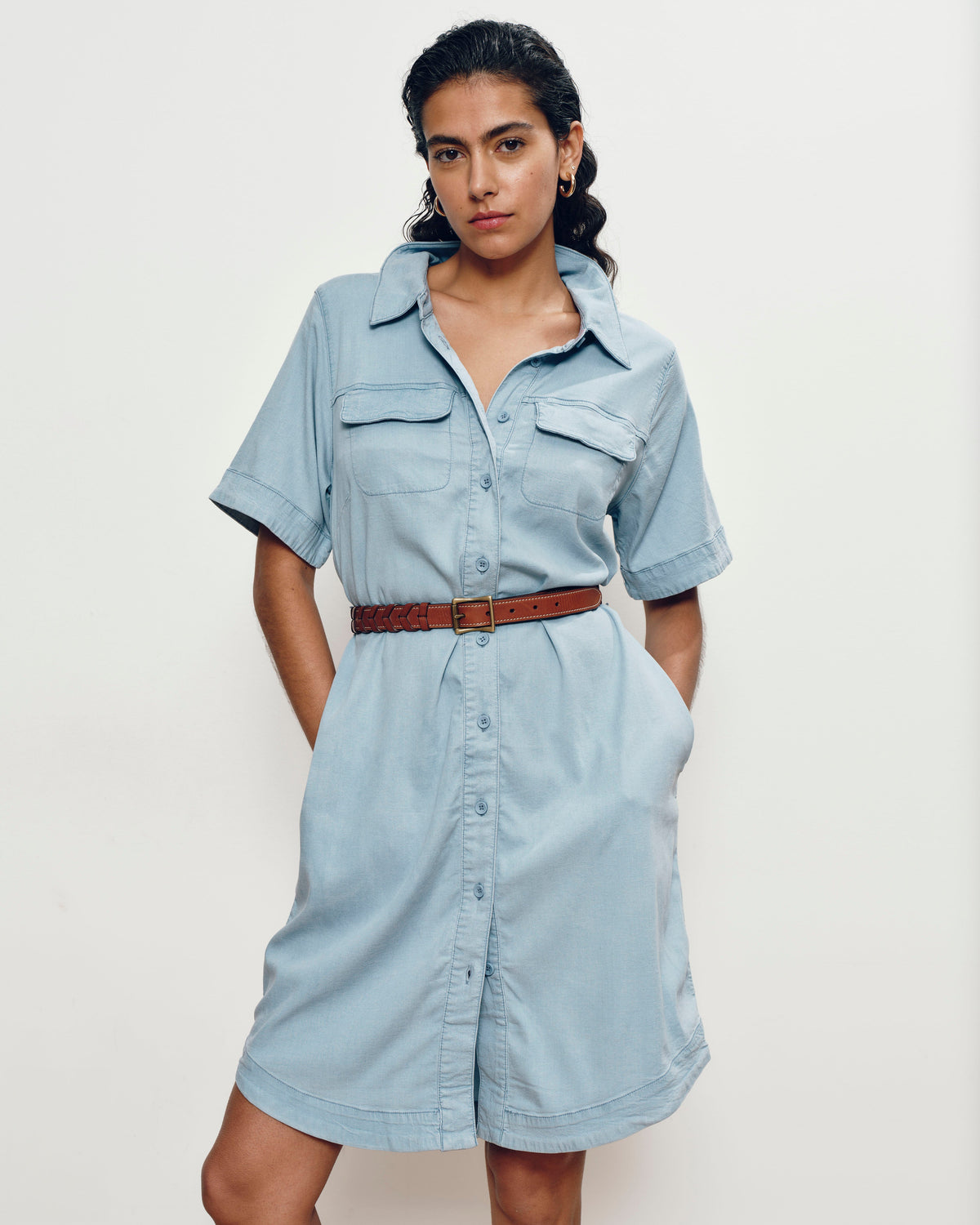 Perfect Tencel Chambray Short Sleeve Shirtdress - Morning Blue