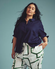 Luisa Short Sleeve Linen Blend Shirt - Navy